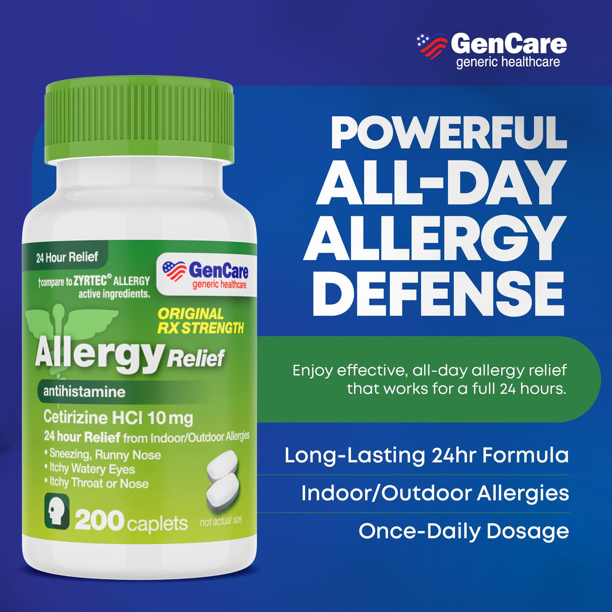 GenCare - Cetirizine HCL 10 mg (200 Caplets) - 24 Hour Allergy Relief Pills - Non Drowsy Generic OTC Allergy Medication - Antihistamine Medicine for Sneezing, Runny Nose & Itchy Eyes - Generic Zyrtec - FENGGESTORE20