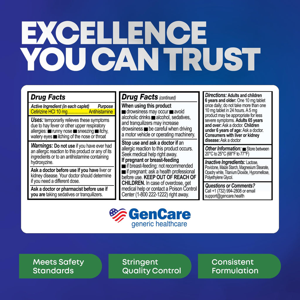 GenCare - Cetirizine HCL 10 mg (200 Caplets) - 24 Hour Allergy Relief Pills - Non Drowsy Generic OTC Allergy Medication - Antihistamine Medicine for Sneezing, Runny Nose & Itchy Eyes - Generic Zyrtec - FENGGESTORE20