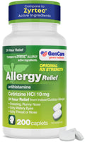 GenCare - Cetirizine HCL 10 mg (200 Caplets) - 24 Hour Allergy Relief Pills - Non Drowsy Generic OTC Allergy Medication - Antihistamine Medicine for Sneezing, Runny Nose & Itchy Eyes - Generic Zyrtec - FENGGESTORE20