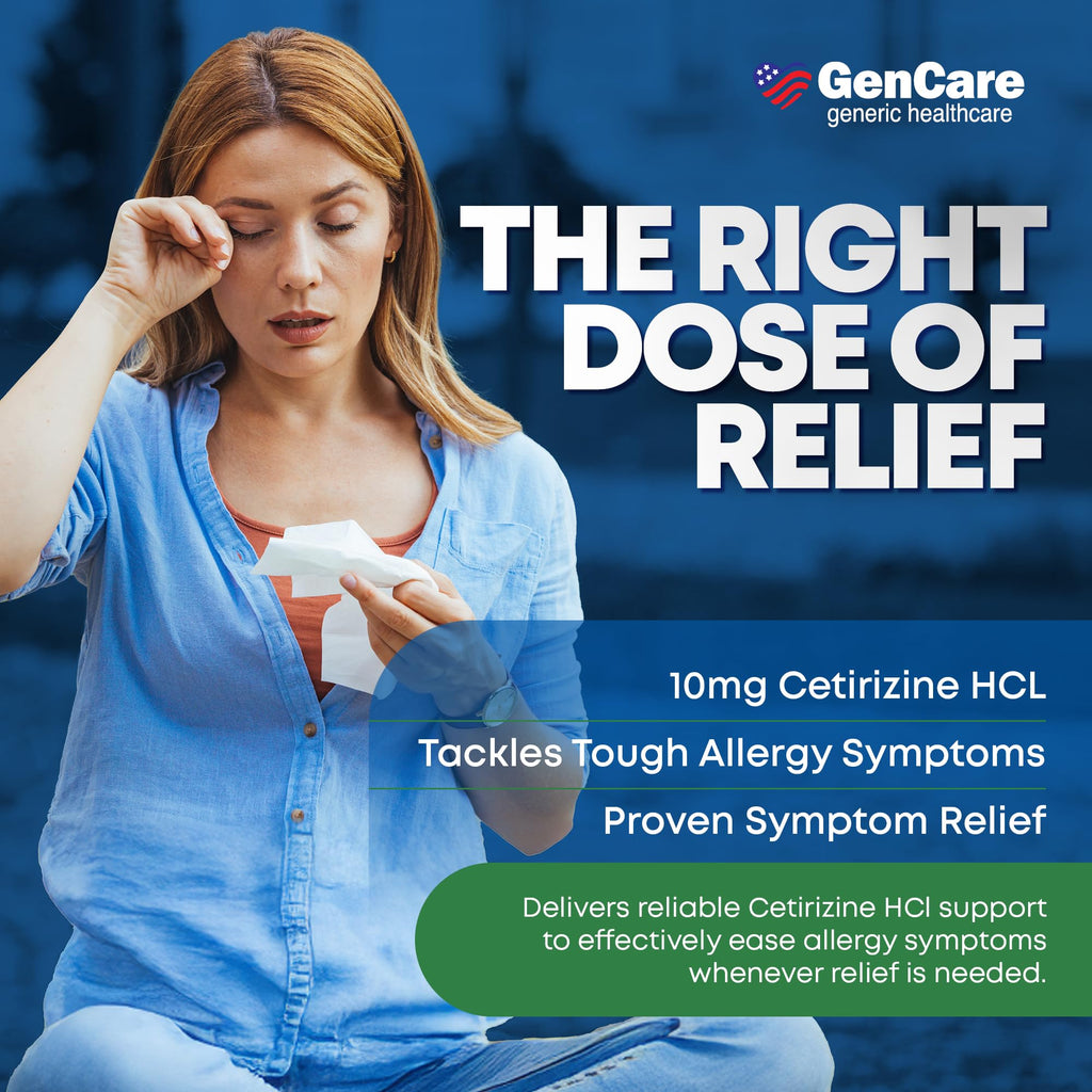 GenCare - Cetirizine HCL 10 mg (200 Caplets) - 24 Hour Allergy Relief Pills - Non Drowsy Generic OTC Allergy Medication - Antihistamine Medicine for Sneezing, Runny Nose & Itchy Eyes - Generic Zyrtec - FENGGESTORE20