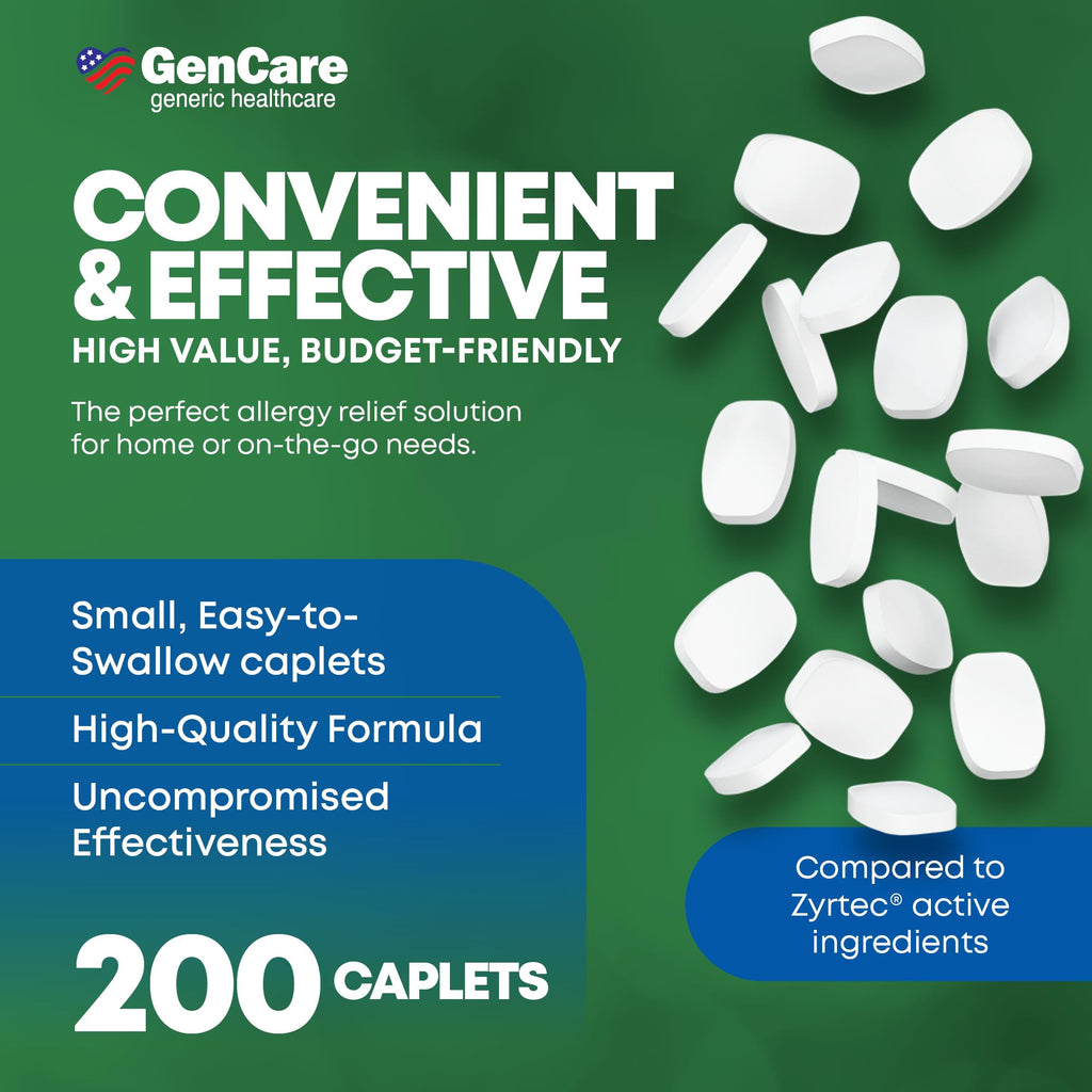 GenCare - Cetirizine HCL 10 mg (200 Caplets) - 24 Hour Allergy Relief Pills - Non Drowsy Generic OTC Allergy Medication - Antihistamine Medicine for Sneezing, Runny Nose & Itchy Eyes - Generic Zyrtec - FENGGESTORE20