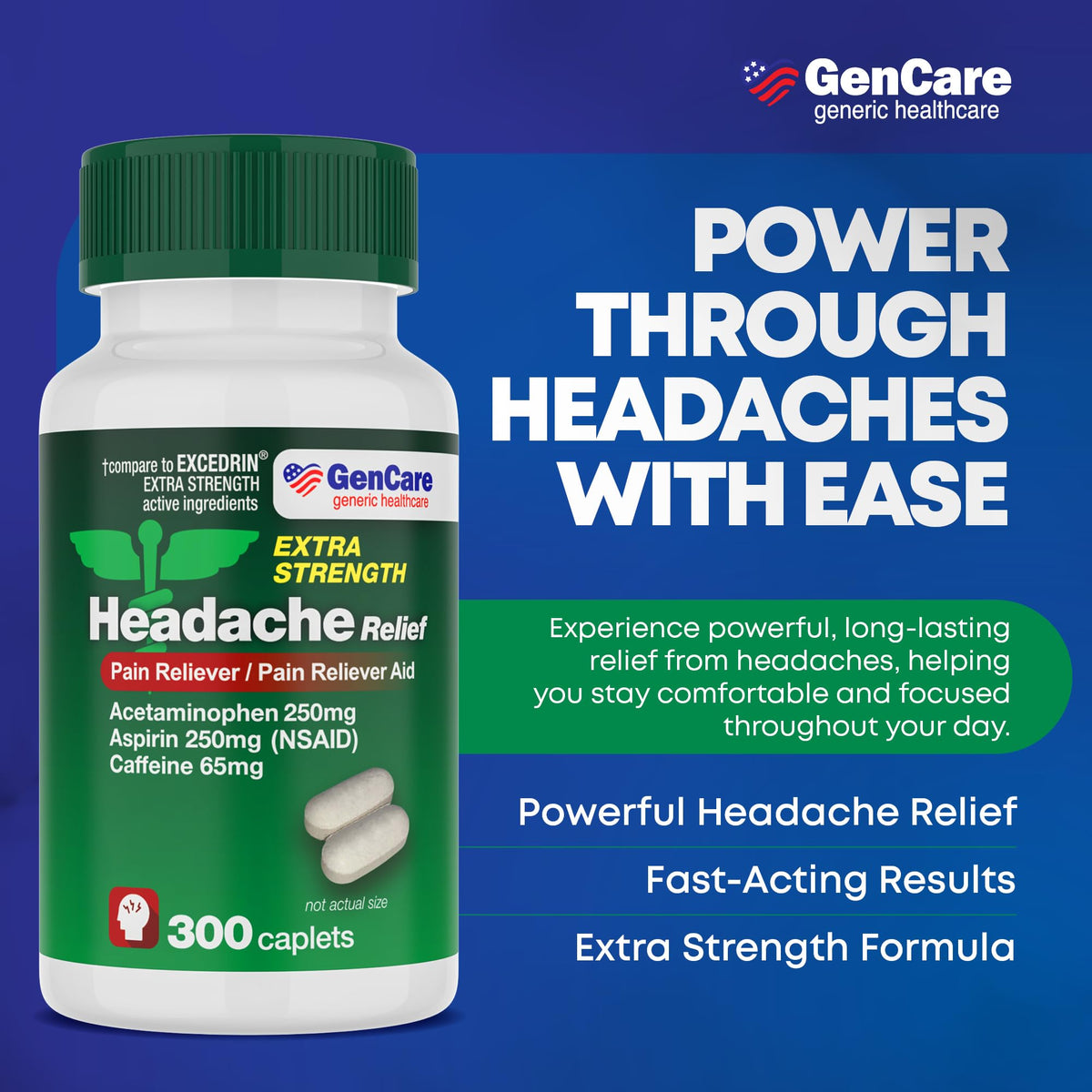 GenCare - Headache Relief Acetaminophen with Aspirin (NSAID) & Caffeine (300 Caplets) Value Pack | Head Pain, Muscle Aches, Back Pain & Body | Generic ExcedrEn Extra Strength - FENGGESTORE20