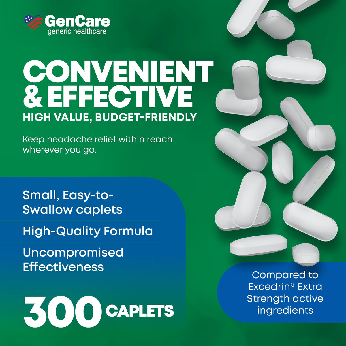 GenCare - Headache Relief Acetaminophen with Aspirin (NSAID) & Caffeine (300 Caplets) Value Pack | Head Pain, Muscle Aches, Back Pain & Body | Generic ExcedrEn Extra Strength - FENGGESTORE20
