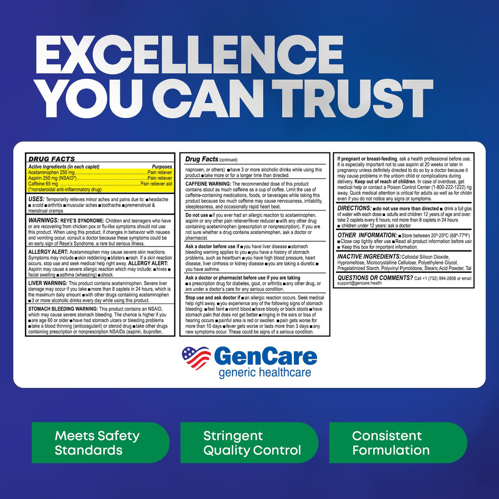 GenCare - Headache Relief Acetaminophen with Aspirin (NSAID) & Caffeine (300 Caplets) Value Pack | Head Pain, Muscle Aches, Back Pain & Body | Generic ExcedrEn Extra Strength - FENGGESTORE20