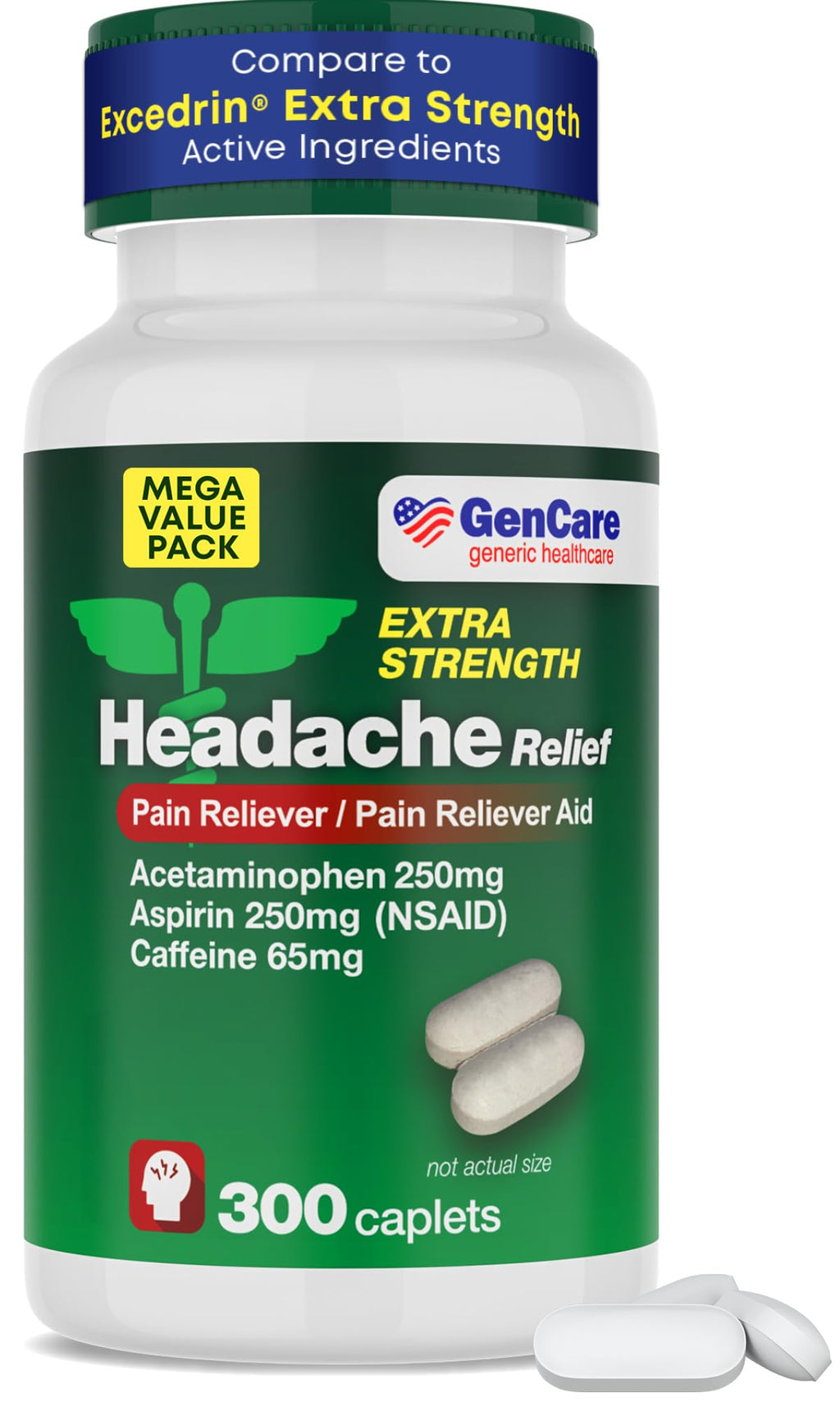 GenCare - Headache Relief Acetaminophen with Aspirin (NSAID) & Caffeine (300 Caplets) Value Pack | Head Pain, Muscle Aches, Back Pain & Body | Generic ExcedrEn Extra Strength - FENGGESTORE20
