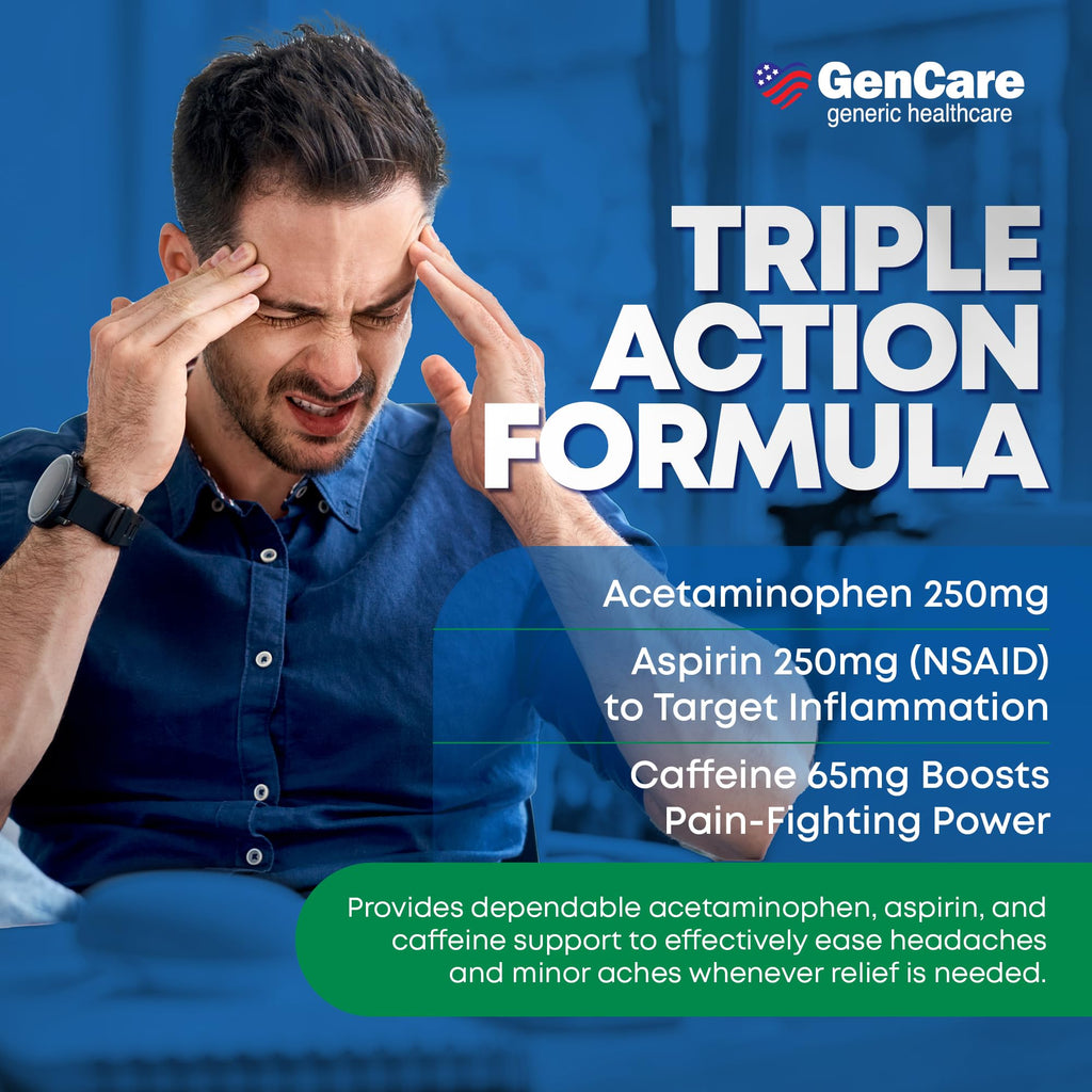 GenCare - Headache Relief Acetaminophen with Aspirin (NSAID) & Caffeine (300 Caplets) Value Pack | Head Pain, Muscle Aches, Back Pain & Body | Generic ExcedrEn Extra Strength - FENGGESTORE20