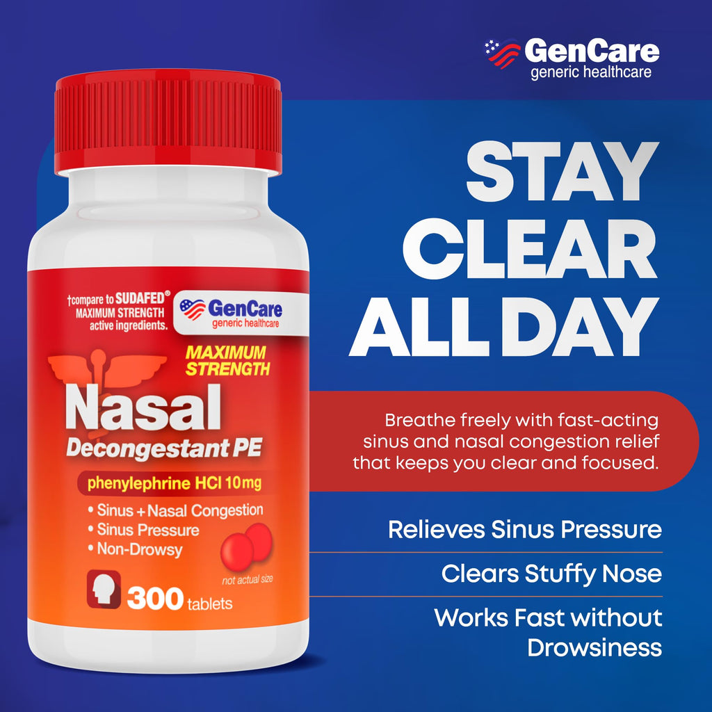 GenCare Nasal Decongestant PE – Phenylephrine HCl 10mg Tablets (Bulk 300 Count) Non-Drowsy Sinus Pressure Relief & Nasal Congestion Relief, Stuffy Nose Decongestants for Adults – Compare to Sudafed PE - FENGGESTORE20