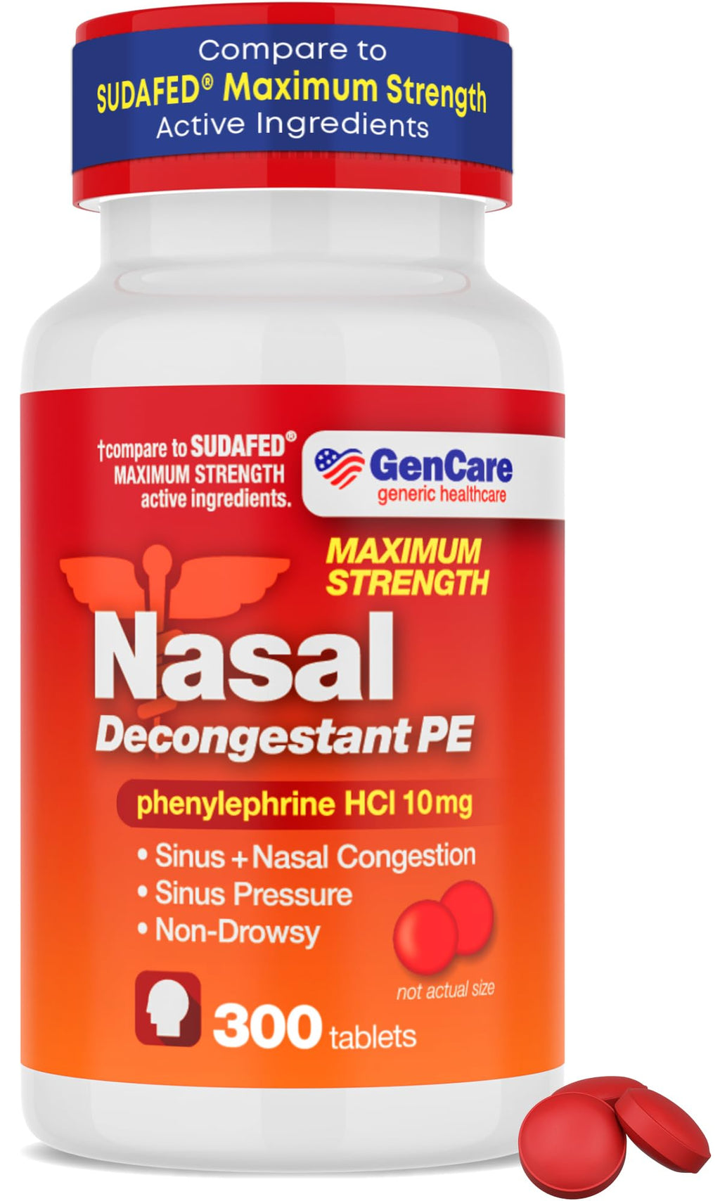 GenCare Nasal Decongestant PE – Phenylephrine HCl 10mg Tablets (Bulk 300 Count) Non-Drowsy Sinus Pressure Relief & Nasal Congestion Relief, Stuffy Nose Decongestants for Adults – Compare to Sudafed PE - FENGGESTORE20