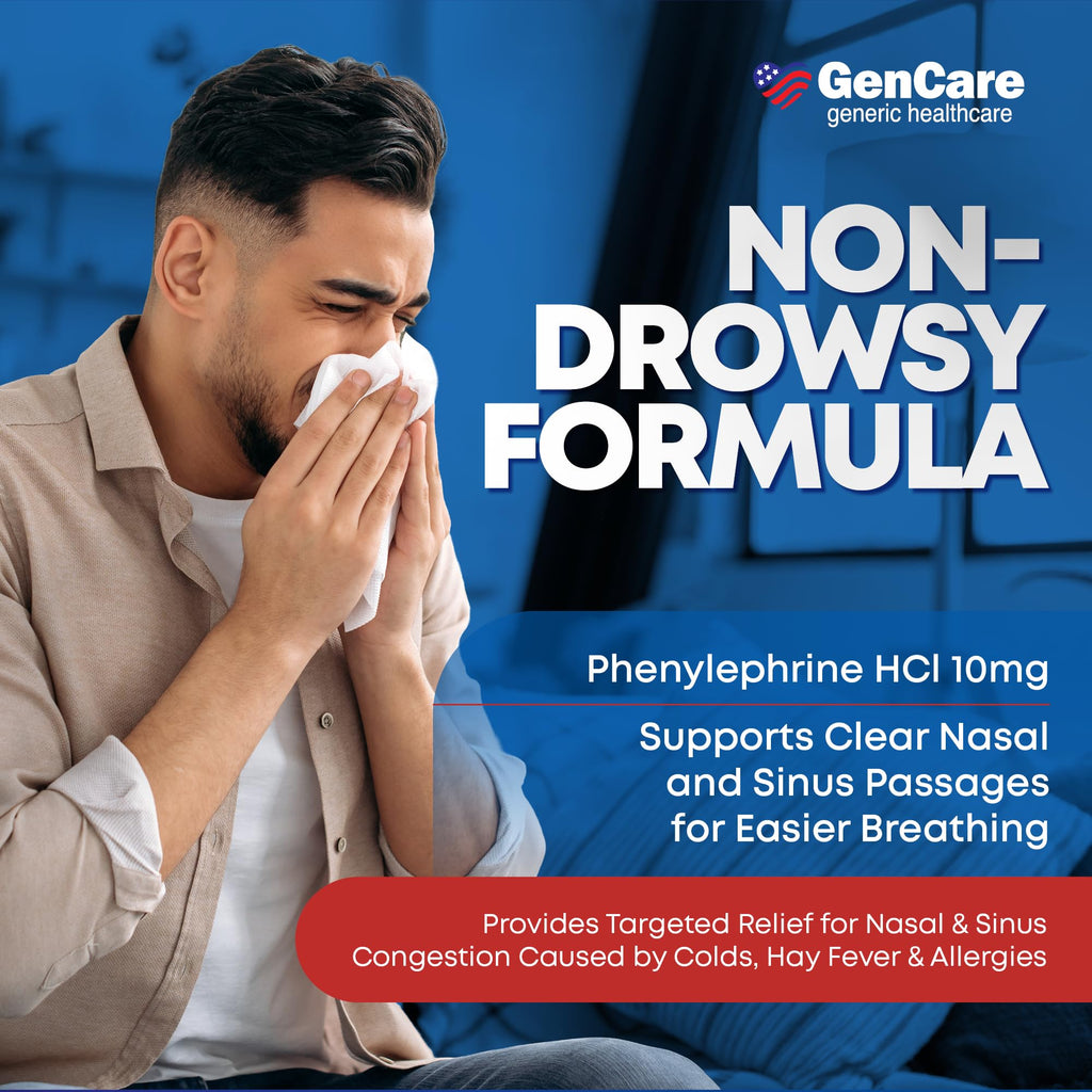 GenCare Nasal Decongestant PE – Phenylephrine HCl 10mg Tablets (Bulk 300 Count) Non-Drowsy Sinus Pressure Relief & Nasal Congestion Relief, Stuffy Nose Decongestants for Adults – Compare to Sudafed PE - FENGGESTORE20