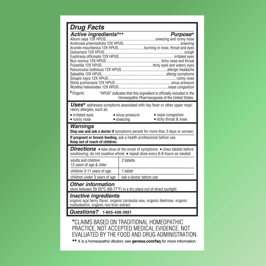Genexa Allergy Care | Drug Free, Non-Drowsy Allergy & Decongestant Remedy for Adults | Vegan & Non-GMO | Homeopathic Allergy Relief Made Clean | Organic Acai Berry Flavor | 60 Chewable Tablets - FENGGESTORE20