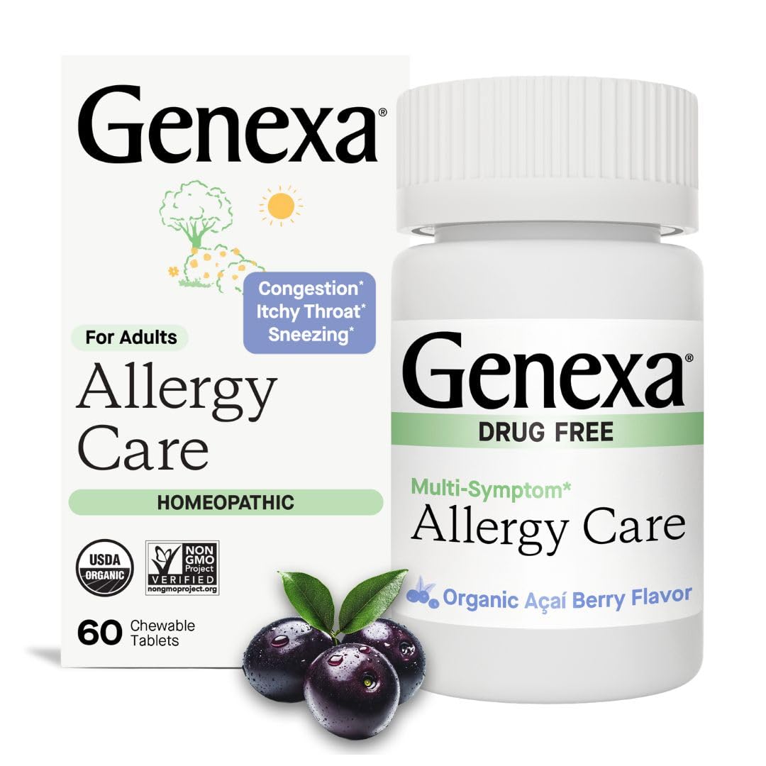 Genexa Allergy Care | Drug Free, Non-Drowsy Allergy & Decongestant Remedy for Adults | Vegan & Non-GMO | Homeopathic Allergy Relief Made Clean | Organic Acai Berry Flavor | 60 Chewable Tablets - FENGGESTORE20