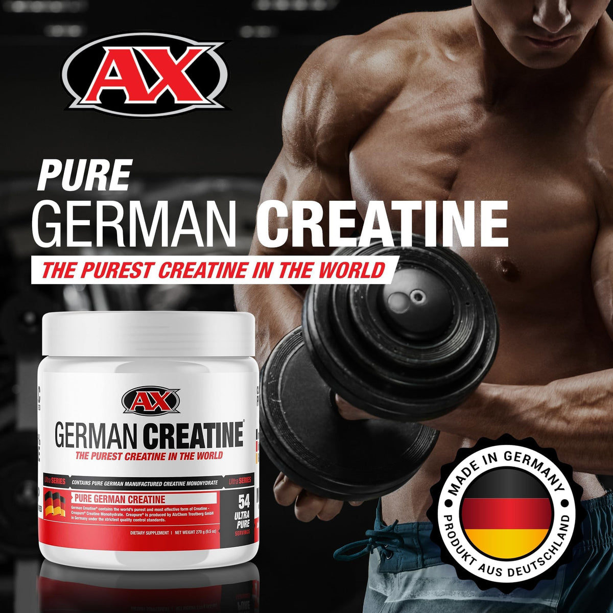 German Creatine - Micronized Creatine Monohydrate Powder, 99.99% Pure Creapure for Muscle Growth, Strength & Performance, Supports Muscle Recovery, 3rd Party Tested, Unflavored - 270g (54 Servings) - FENGGESTORE20
