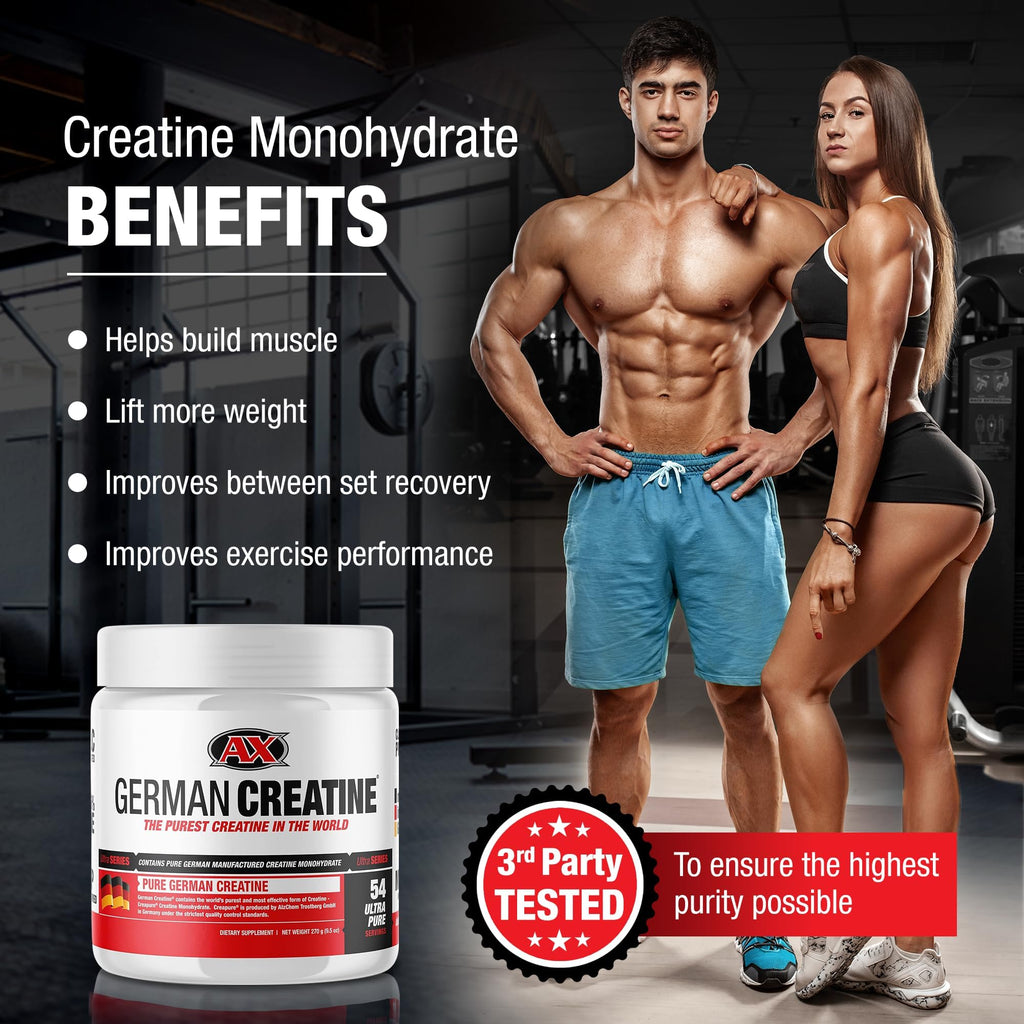 German Creatine - Micronized Creatine Monohydrate Powder, 99.99% Pure Creapure for Muscle Growth, Strength & Performance, Supports Muscle Recovery, 3rd Party Tested, Unflavored - 270g (54 Servings) - FENGGESTORE20