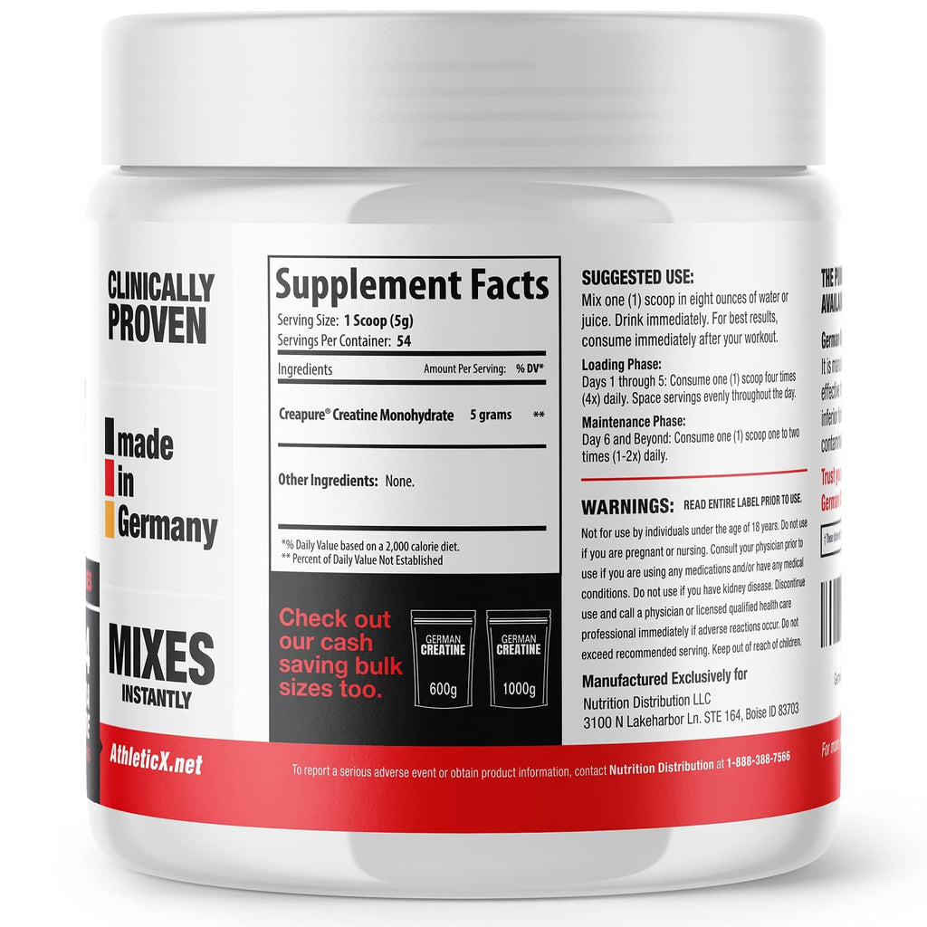 German Creatine - Micronized Creatine Monohydrate Powder, 99.99% Pure Creapure for Muscle Growth, Strength & Performance, Supports Muscle Recovery, 3rd Party Tested, Unflavored - 270g (54 Servings) - FENGGESTORE20