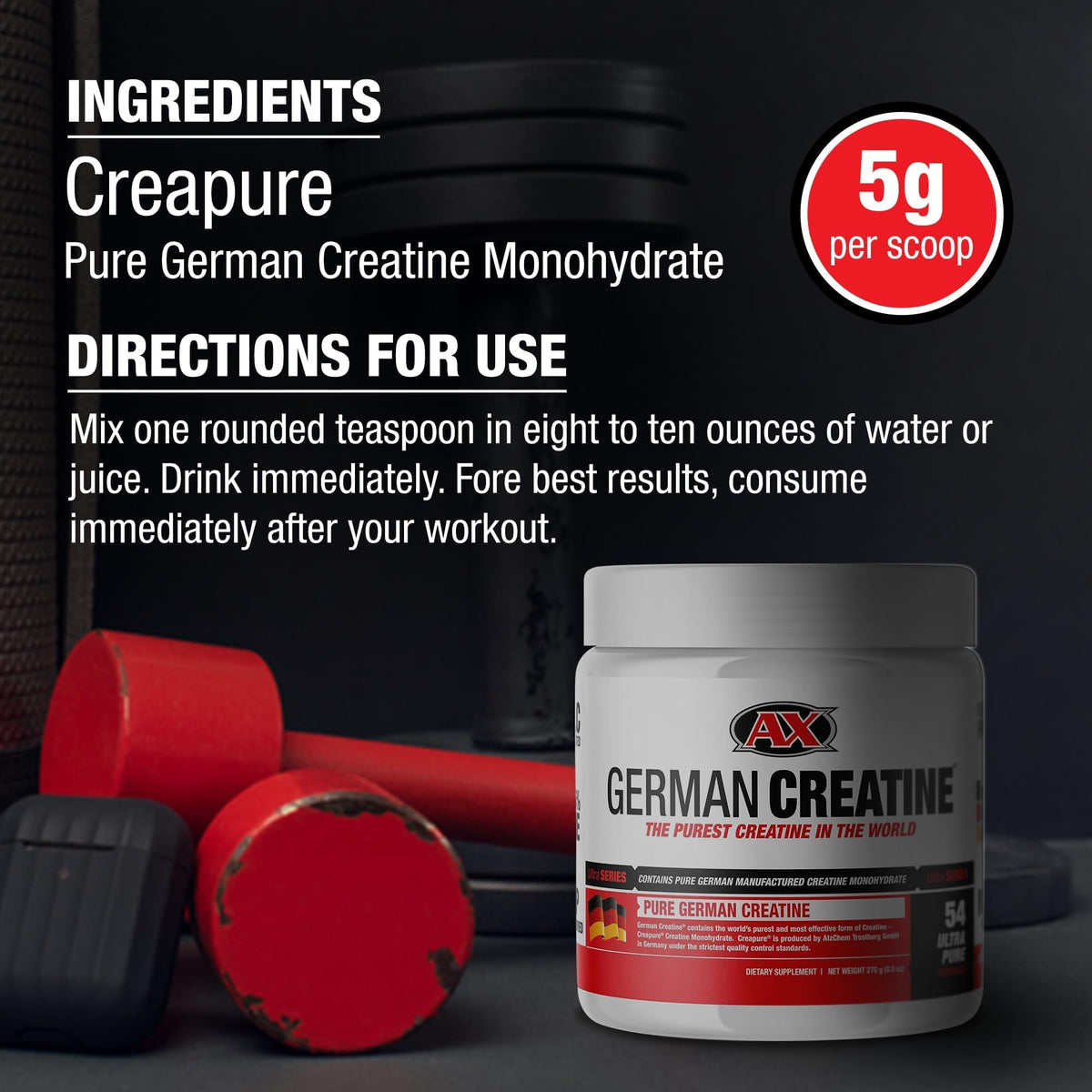 German Creatine - Micronized Creatine Monohydrate Powder, 99.99% Pure Creapure for Muscle Growth, Strength & Performance, Supports Muscle Recovery, 3rd Party Tested, Unflavored - 270g (54 Servings) - FENGGESTORE20