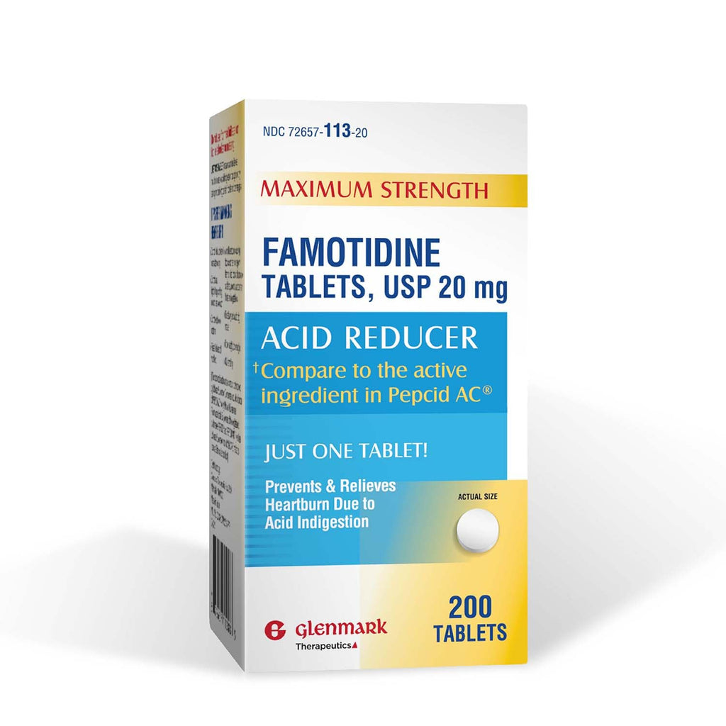 Glenmark Maximum Strength Famotidine Tablets, 20 mg, Acid Reducer for Heartburn Relief, 200 Count - FENGGESTORE20
