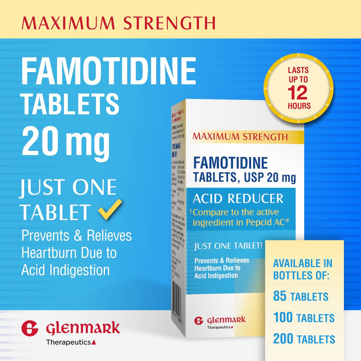 Glenmark Maximum Strength Famotidine Tablets, 20 mg, Acid Reducer for Heartburn Relief, 200 Count - FENGGESTORE20