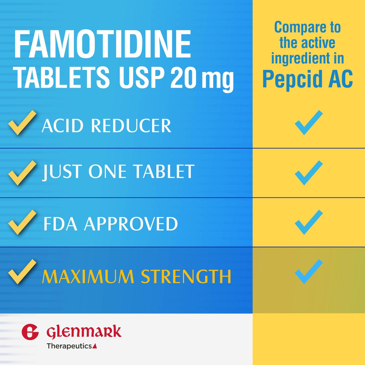Glenmark Maximum Strength Famotidine Tablets, 20 mg, Acid Reducer for Heartburn Relief, 200 Count - FENGGESTORE20
