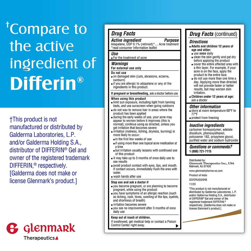 Glenmark Therapeutics Adapalene Gel 0.1% Acne Treatment, Paraben Free Topical Retinoid Cream for Face - FENGGESTORE20