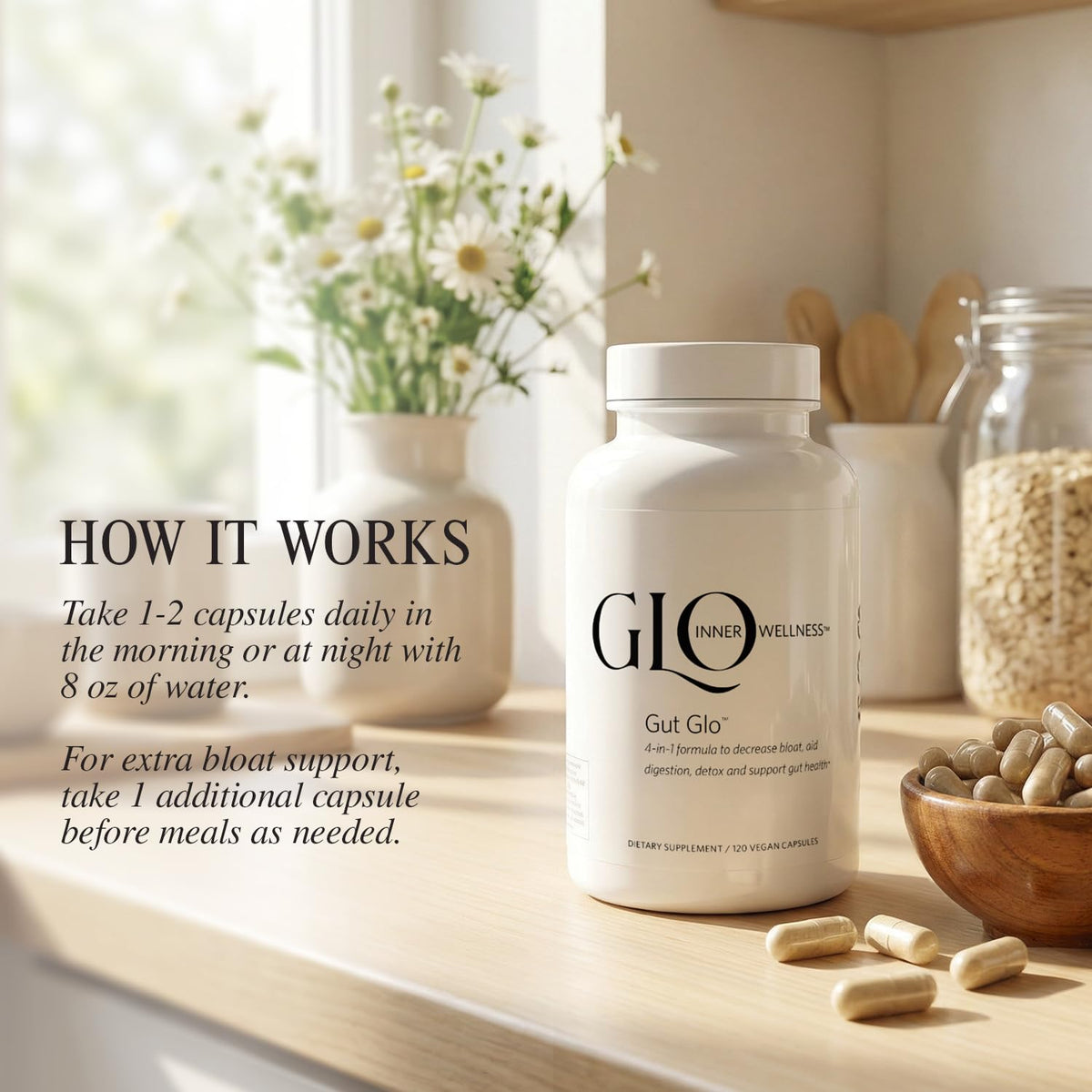 GLO Inner Wellness Gut Glo Natural Bloating Relief, Gut Health, Digestion & Constipation Aid 4-in-1 Probiotic, Digestive Enzyme, Magnesium - FENGGESTORE20