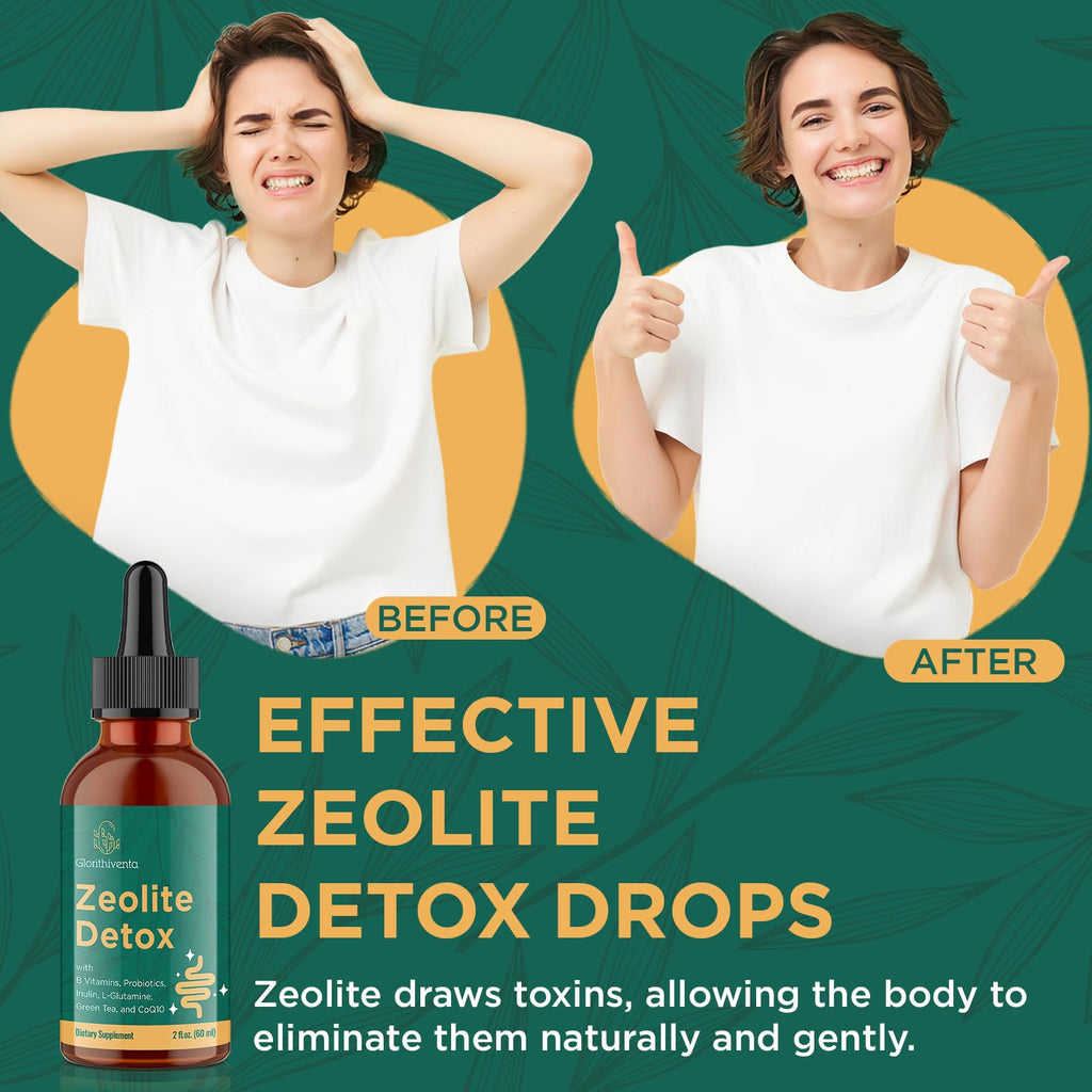 Glorithiventa Zeolite Detox for Adults, Zeolite Liquid Drops with Vitamin B, Probiotic Blend - Energy, Gut, Focus - 2 Fl Oz (1 Bottle) - FENGGESTORE20