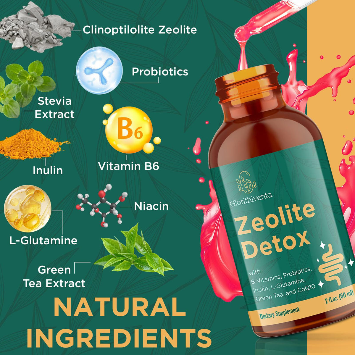 Glorithiventa Zeolite Detox for Adults, Zeolite Liquid Drops with Vitamin B, Probiotic Blend - Energy, Gut, Focus - 2 Fl Oz (1 Bottle) - FENGGESTORE20