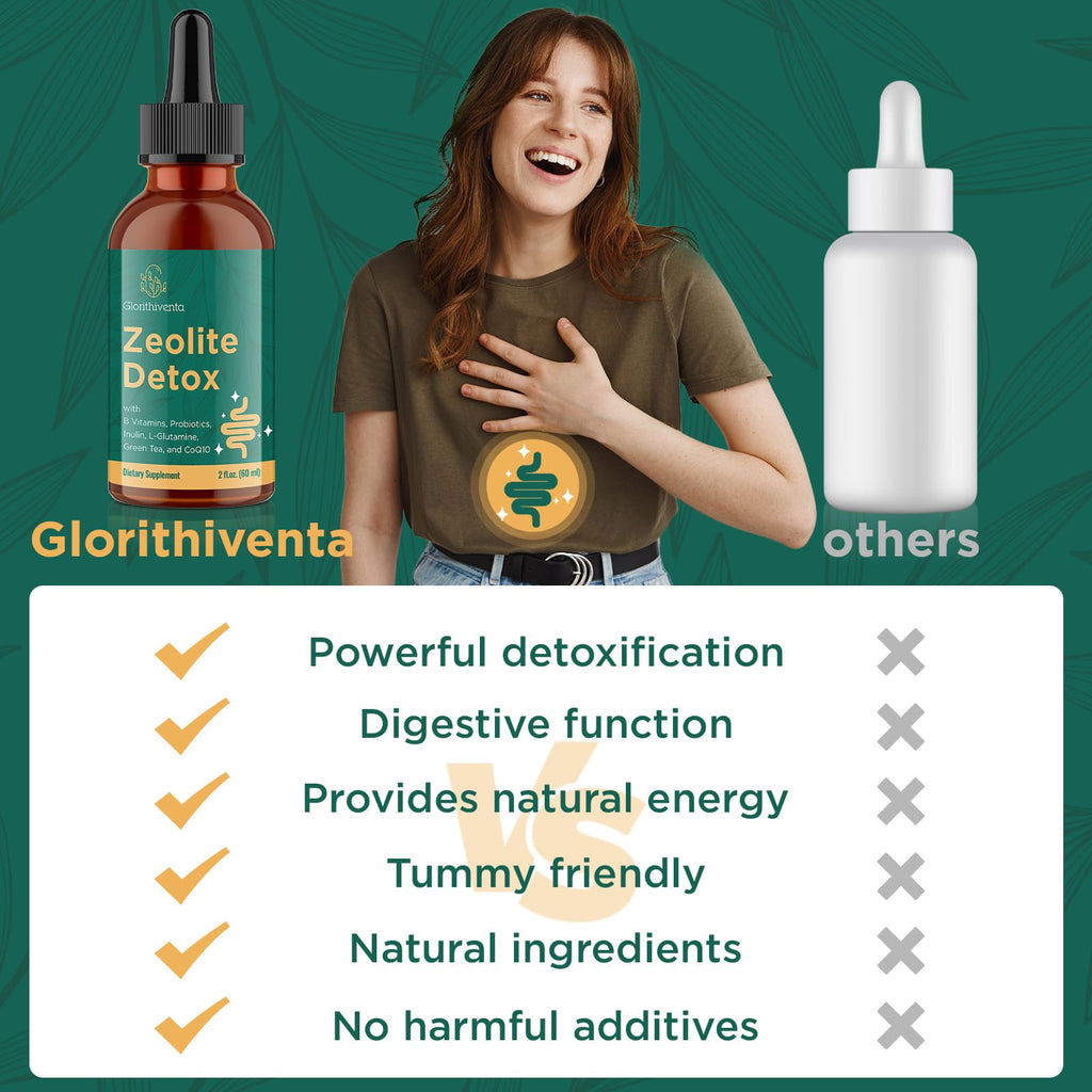 Glorithiventa Zeolite Detox for Adults, Zeolite Liquid Drops with Vitamin B, Probiotic Blend - Energy, Gut, Focus - 2 Fl Oz (1 Bottle) - FENGGESTORE20