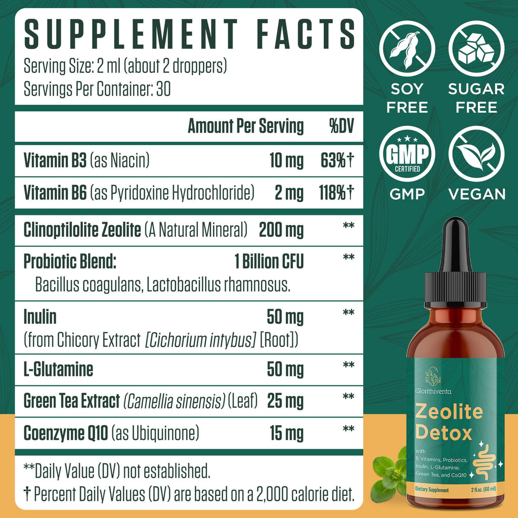 Glorithiventa Zeolite Detox for Adults, Zeolite Liquid Drops with Vitamin B, Probiotic Blend - Energy, Gut, Focus - 2 Fl Oz (1 Bottle) - FENGGESTORE20