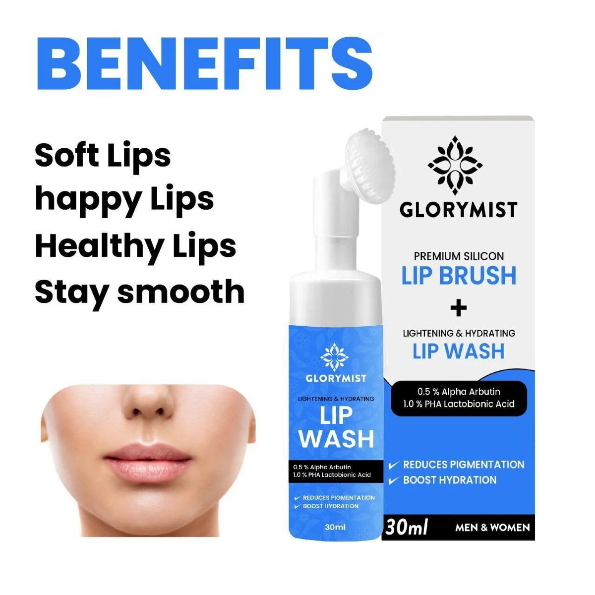 GloryMist All In One Lip Wash & Silicone Brush – Hydrating, Brightening & Exfoliating foaming Cleanser for Dry - FENGGESTORE20