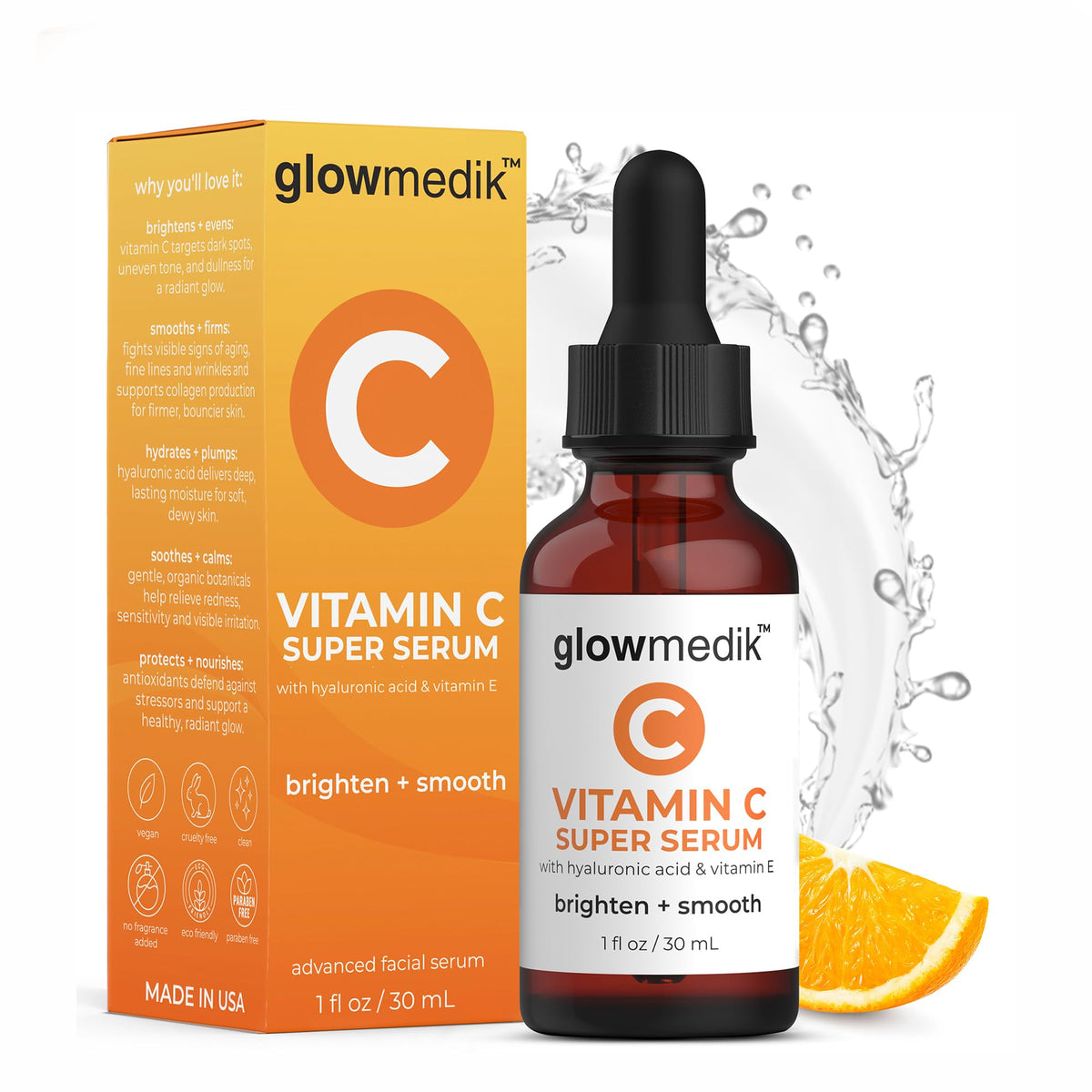 GlowMedik Vitamin C Serum for Face - Illuminating Brightening Serum for Dark Spots - Dark Spot Corrector with Hyaluronic Acid & Vitamin E - Fine Lines & Wrinkles, Sensitive Skin, Made in USA 1 fl oz - FENGGESTORE20