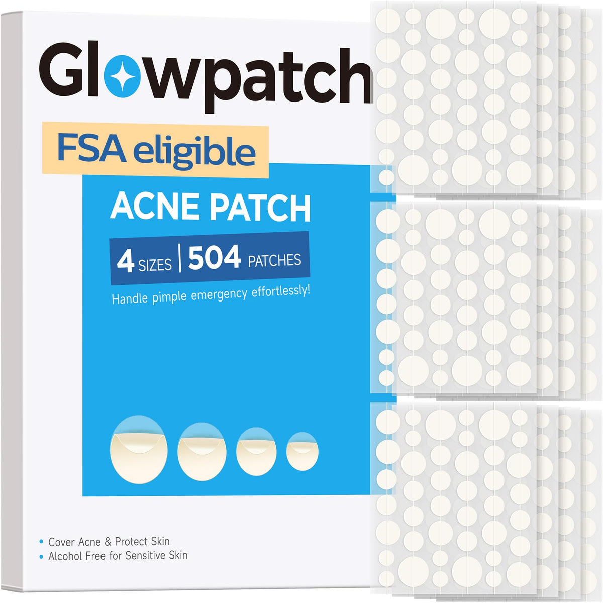 Glowpatch Pimple Patches for Face (504 Count), FSA Eligible Acne Patch Bulk, Zit Stickers 4 Sizes, Hydrocolloid Spot Stickers - FENGGESTORE20