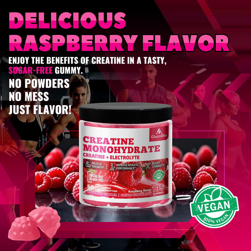 GlucoBio Creatine Monohydrate Gummies (5g) – Pre-Workout Energy & Muscle Growth Support for Men & Women - FENGGESTORE20