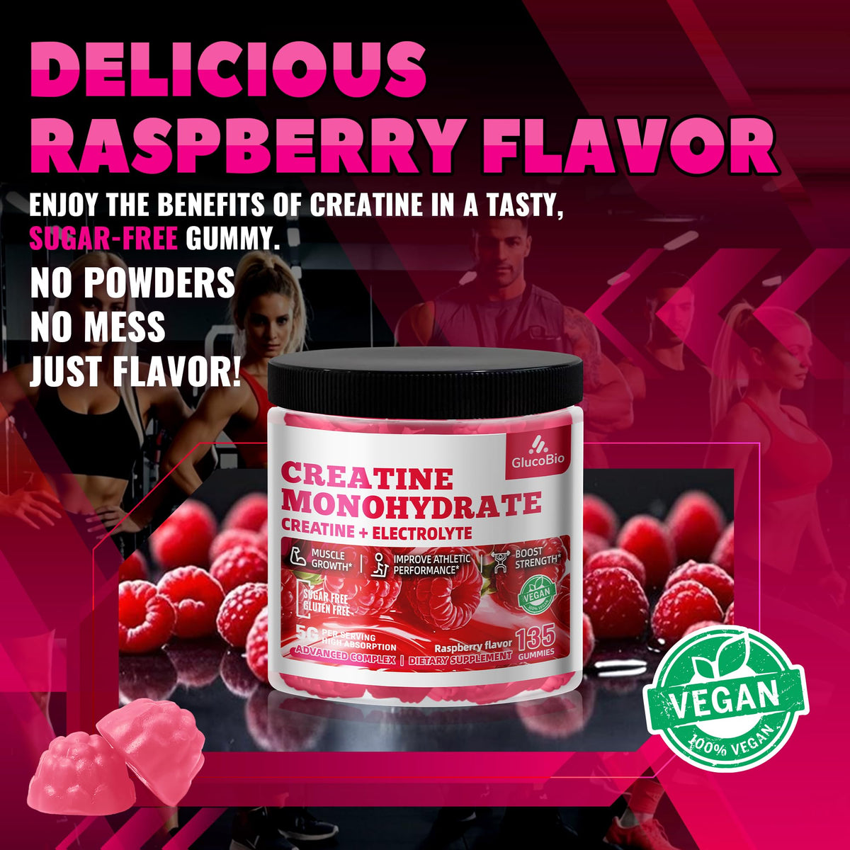 GlucoBio Creatine Monohydrate Gummies (5g) – Pre-Workout Energy & Muscle Growth Support for Men & Women - FENGGESTORE20
