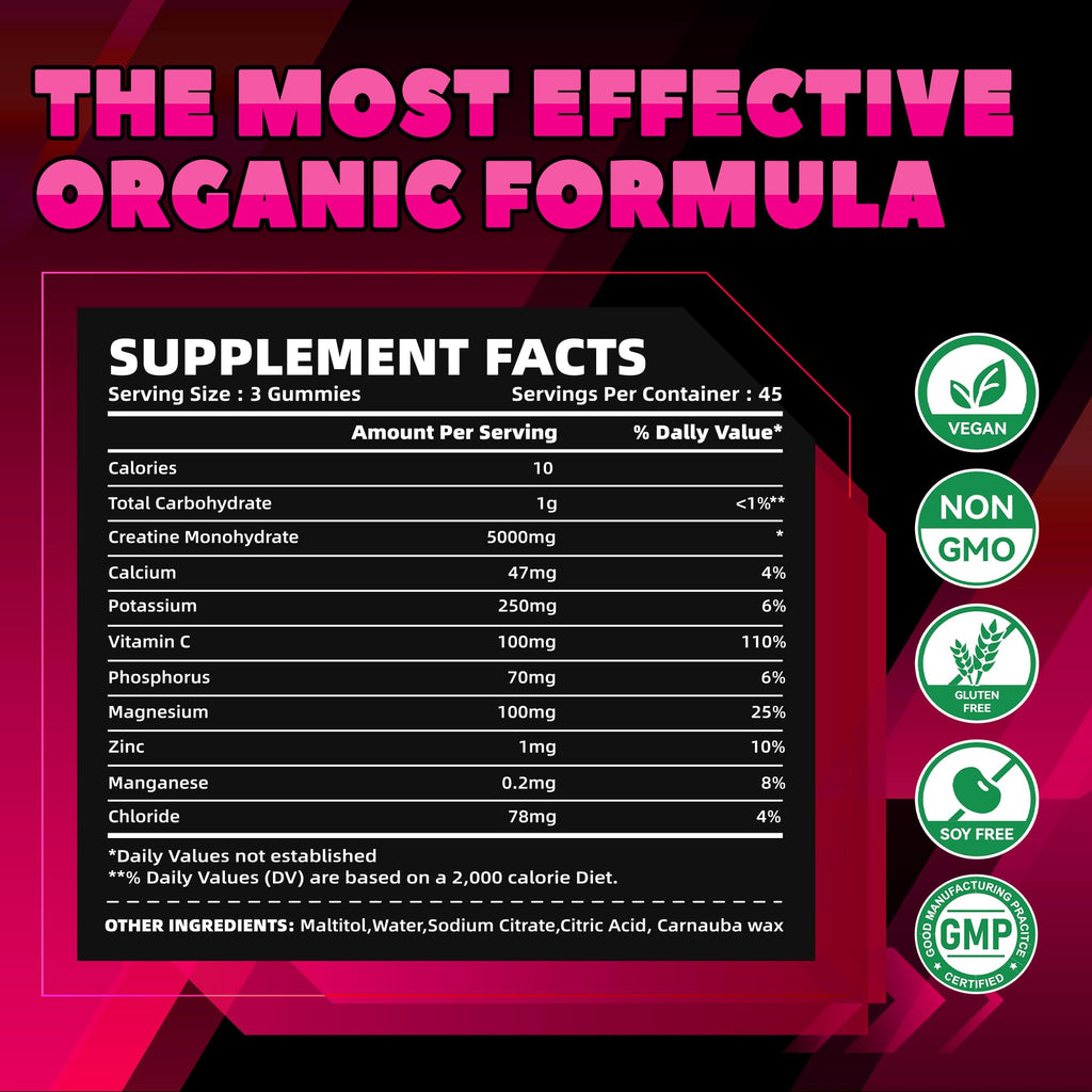 GlucoBio Creatine Monohydrate Gummies (5g) – Pre-Workout Energy & Muscle Growth Support for Men & Women - FENGGESTORE20