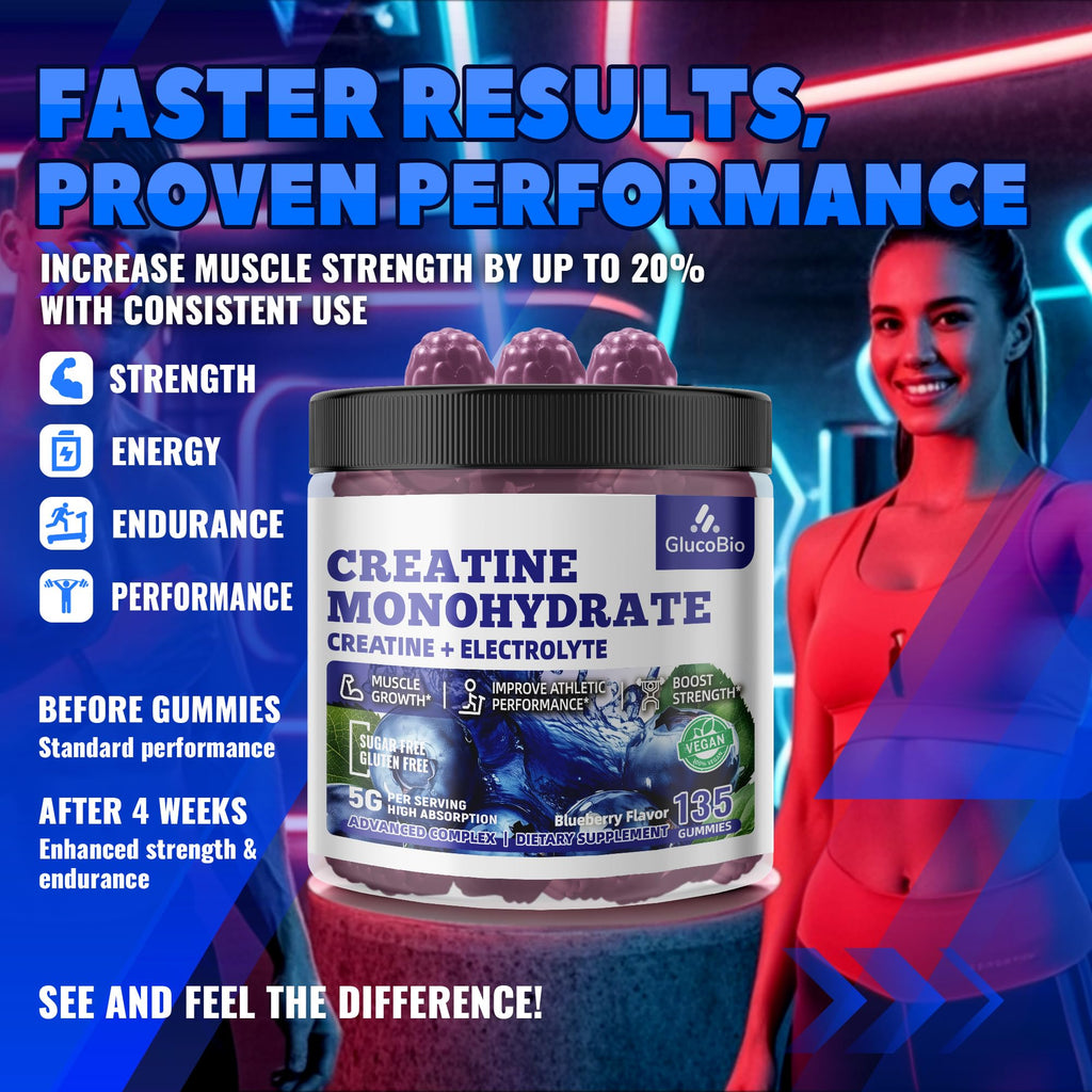 GlucoBio Creatine Monohydrate Gummies (5g) – Pre-Workout Energy & Muscle Growth Support for Men & Women - FENGGESTORE20
