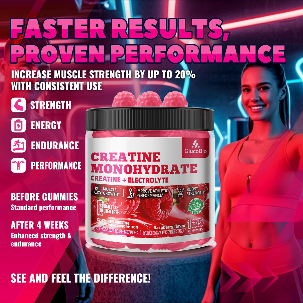 GlucoBio Creatine Monohydrate Gummies (5g) – Pre-Workout Energy & Muscle Growth Support for Men & Women - FENGGESTORE20