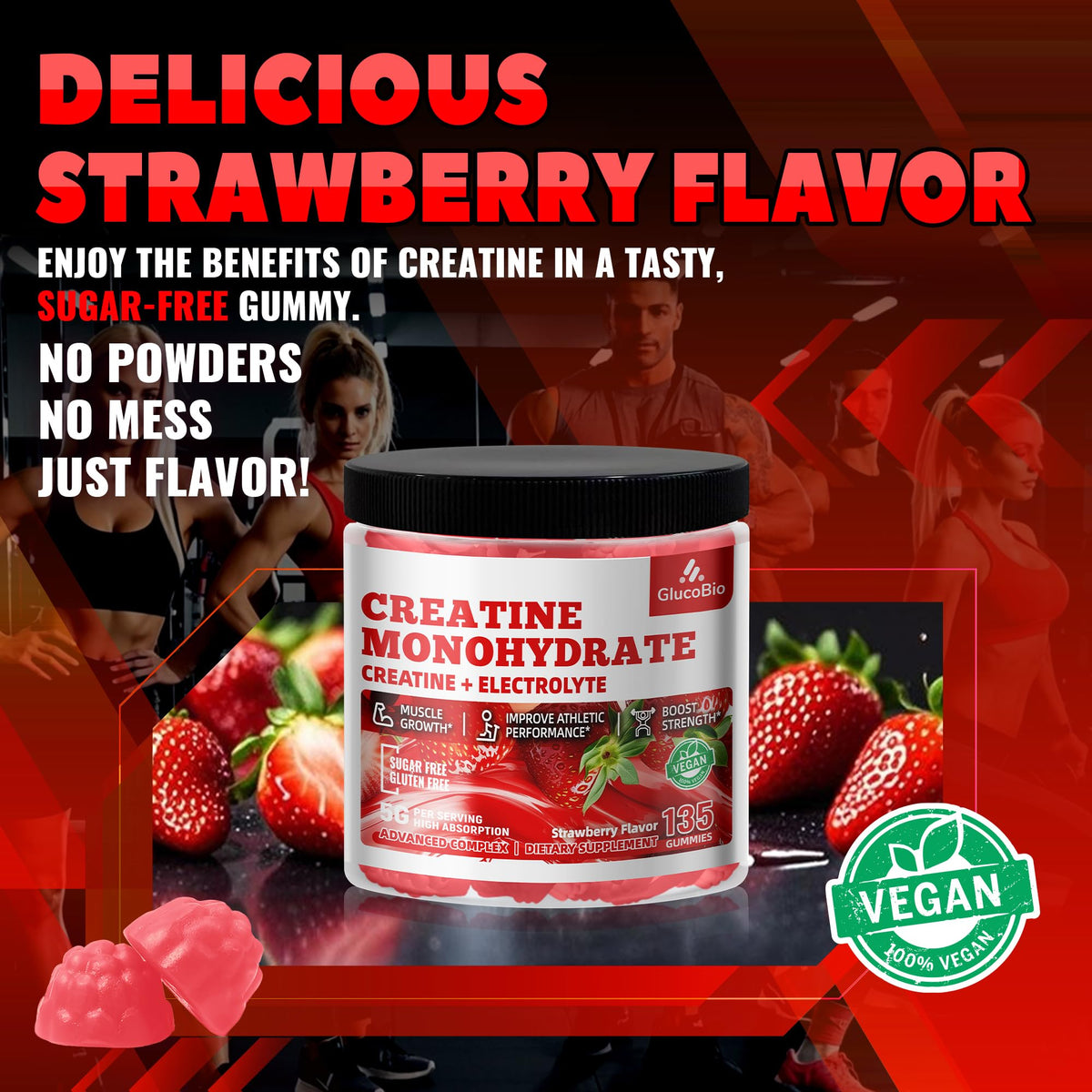 GlucoBio Creatine Monohydrate Gummies (5g) – Pre-Workout Energy & Muscle Growth Support for Men & Women - FENGGESTORE20