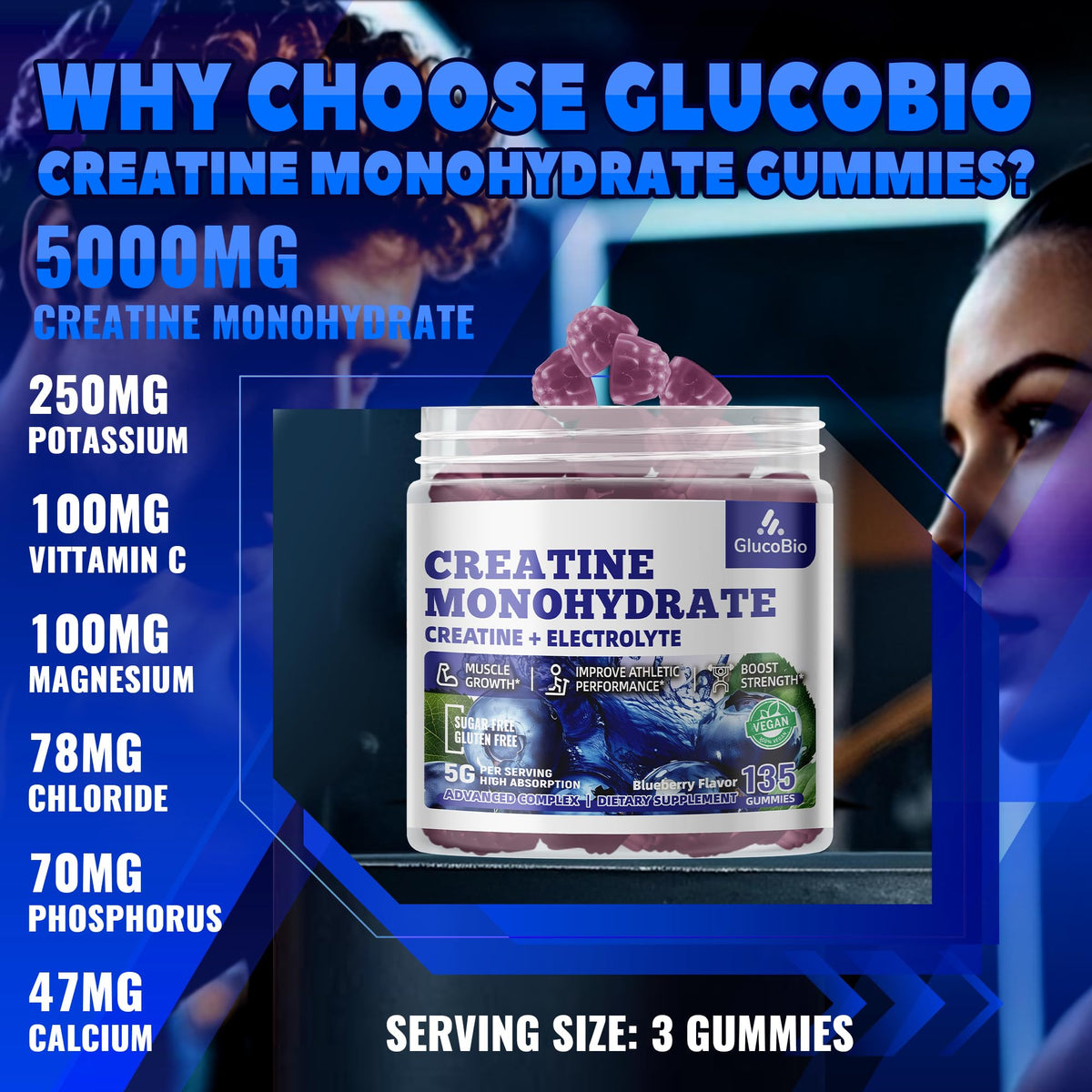 GlucoBio Creatine Monohydrate Gummies (5g) – Pre-Workout Energy & Muscle Growth Support for Men & Women - FENGGESTORE20
