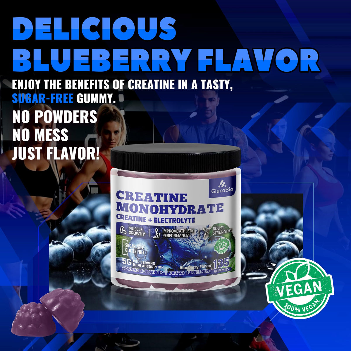 GlucoBio Creatine Monohydrate Gummies (5g) – Pre-Workout Energy & Muscle Growth Support for Men & Women - FENGGESTORE20
