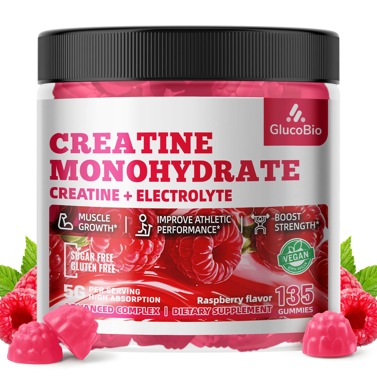 GlucoBio Creatine Monohydrate Gummies (5g) – Pre-Workout Energy & Muscle Growth Support for Men & Women - FENGGESTORE20