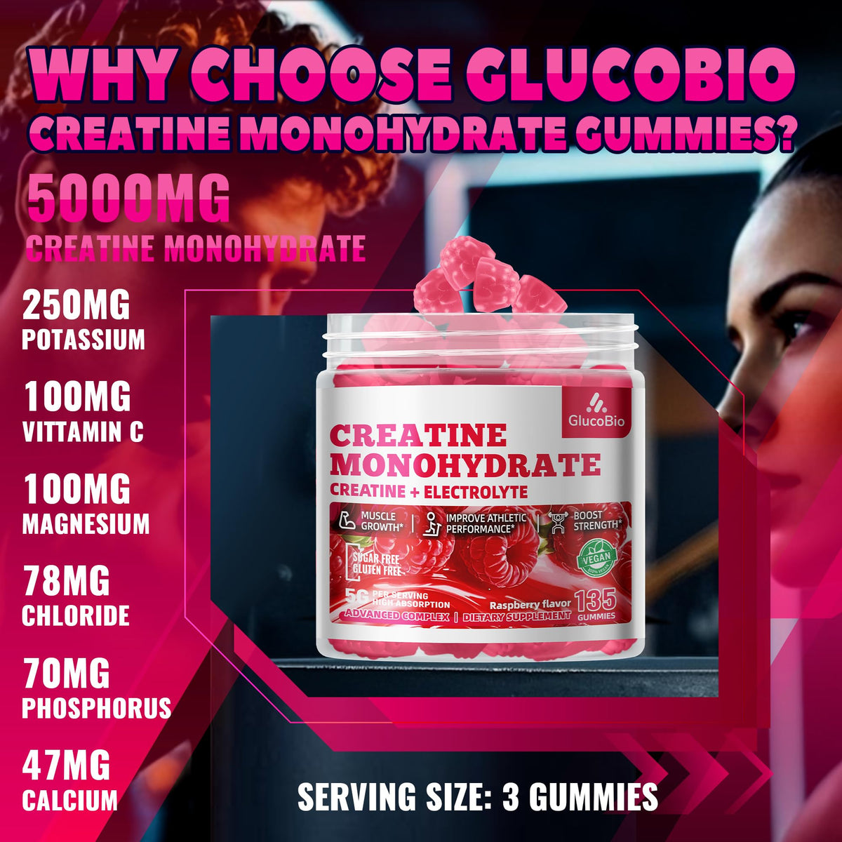 GlucoBio Creatine Monohydrate Gummies (5g) – Pre-Workout Energy & Muscle Growth Support for Men & Women - FENGGESTORE20