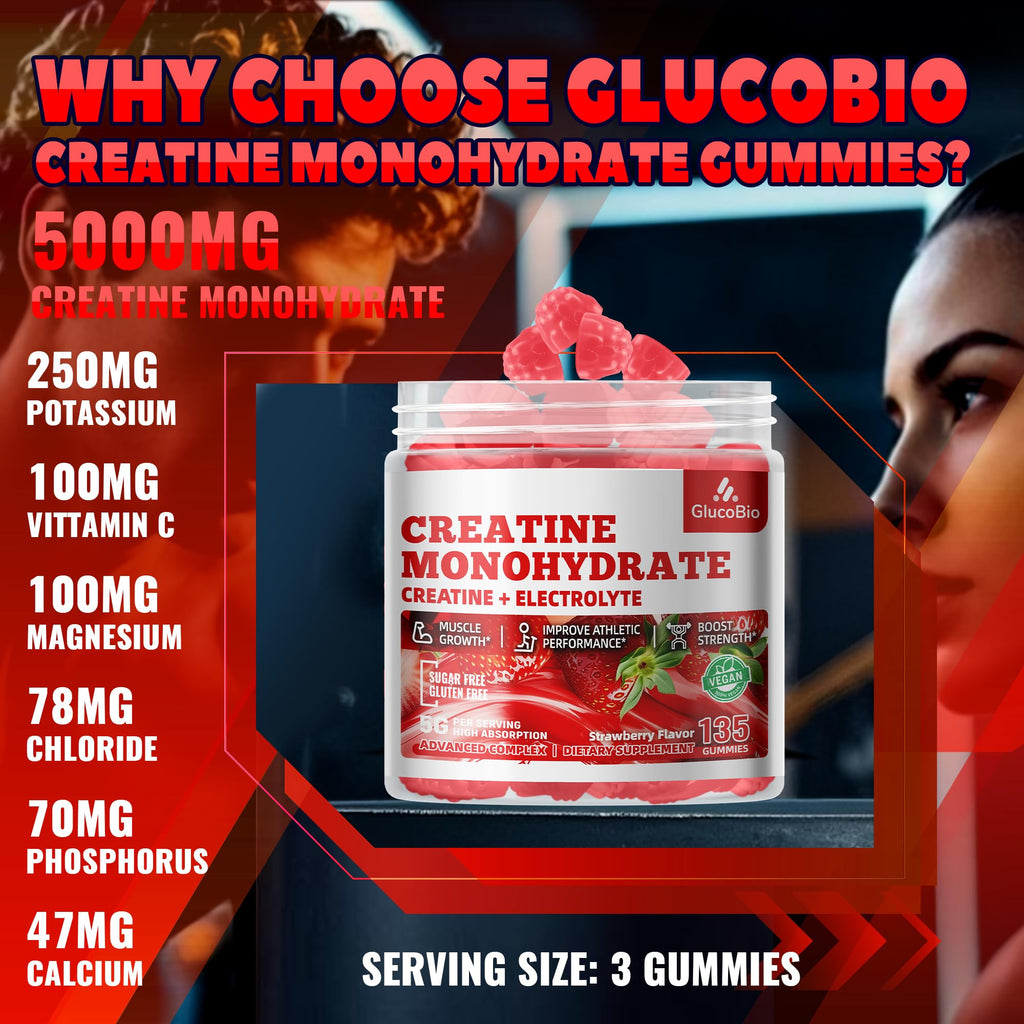 GlucoBio Creatine Monohydrate Gummies (5g) – Pre-Workout Energy & Muscle Growth Support for Men & Women - FENGGESTORE20