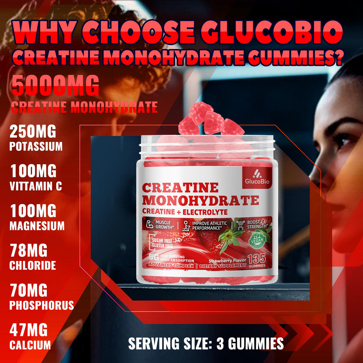 GlucoBio Creatine Monohydrate Gummies (5g) – Pre-Workout Energy & Muscle Growth Support for Men & Women - FENGGESTORE20