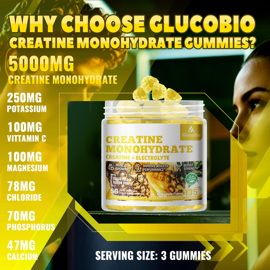 GlucoBio Creatine Monohydrate Gummies (5g) – Pre-Workout Energy & Muscle Growth Support for Men & Women | Pineapple Electrolyte Gummies (135 Count) - FENGGESTORE20
