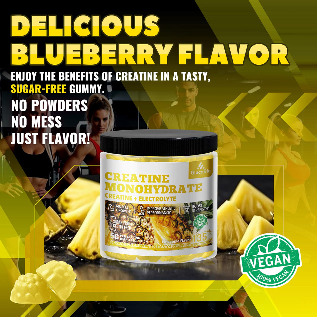 GlucoBio Creatine Monohydrate Gummies (5g) – Pre-Workout Energy & Muscle Growth Support for Men & Women | Pineapple Electrolyte Gummies (135 Count) - FENGGESTORE20