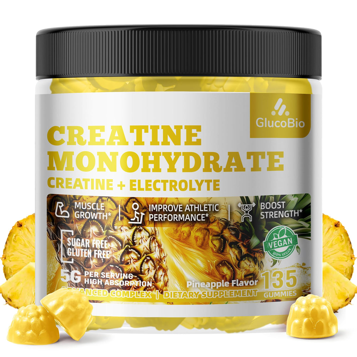 GlucoBio Creatine Monohydrate Gummies (5g) – Pre-Workout Energy & Muscle Growth Support for Men & Women | Pineapple Electrolyte Gummies (135 Count) - FENGGESTORE20
