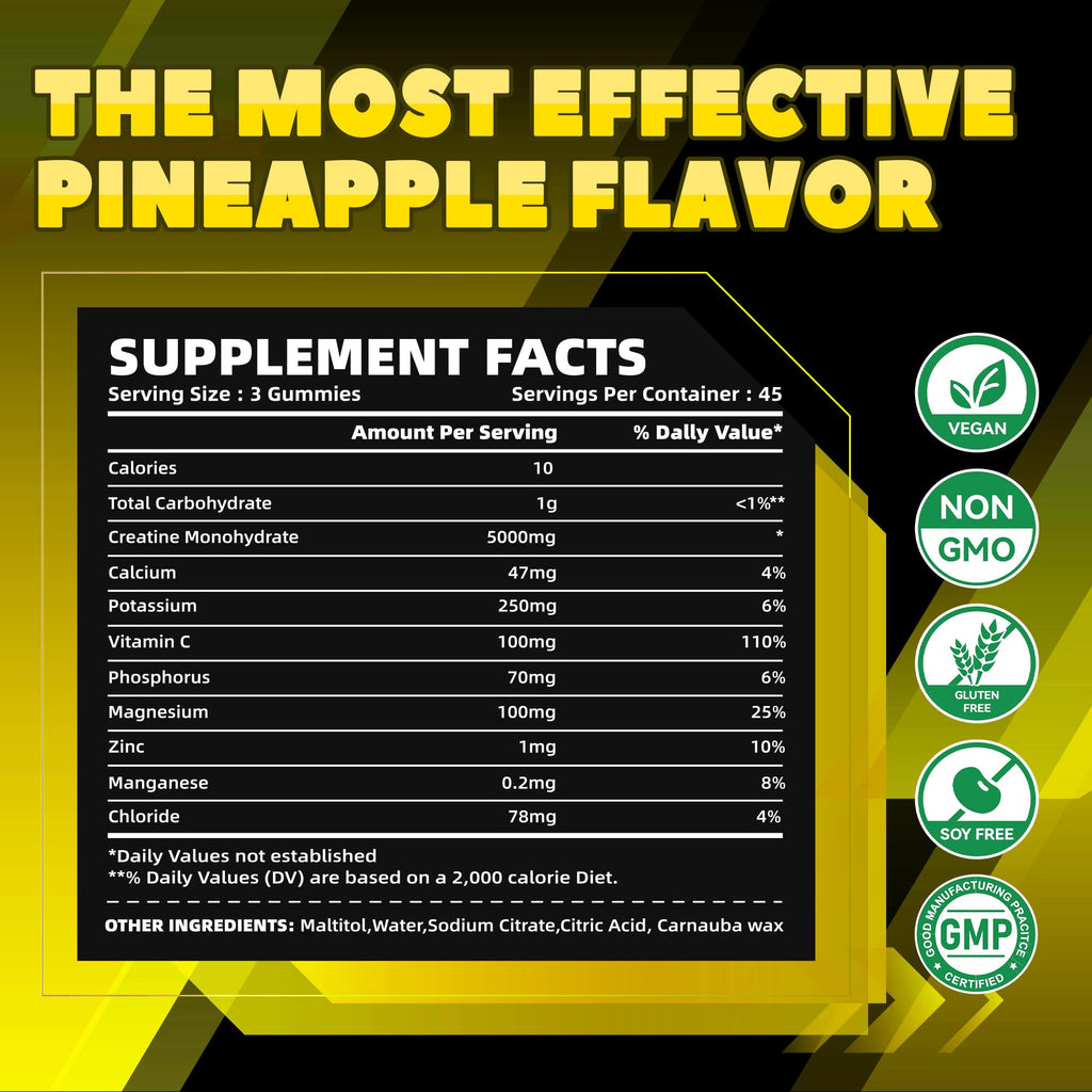 GlucoBio Creatine Monohydrate Gummies (5g) – Pre-Workout Energy & Muscle Growth Support for Men & Women | Pineapple Electrolyte Gummies (135 Count) - FENGGESTORE20