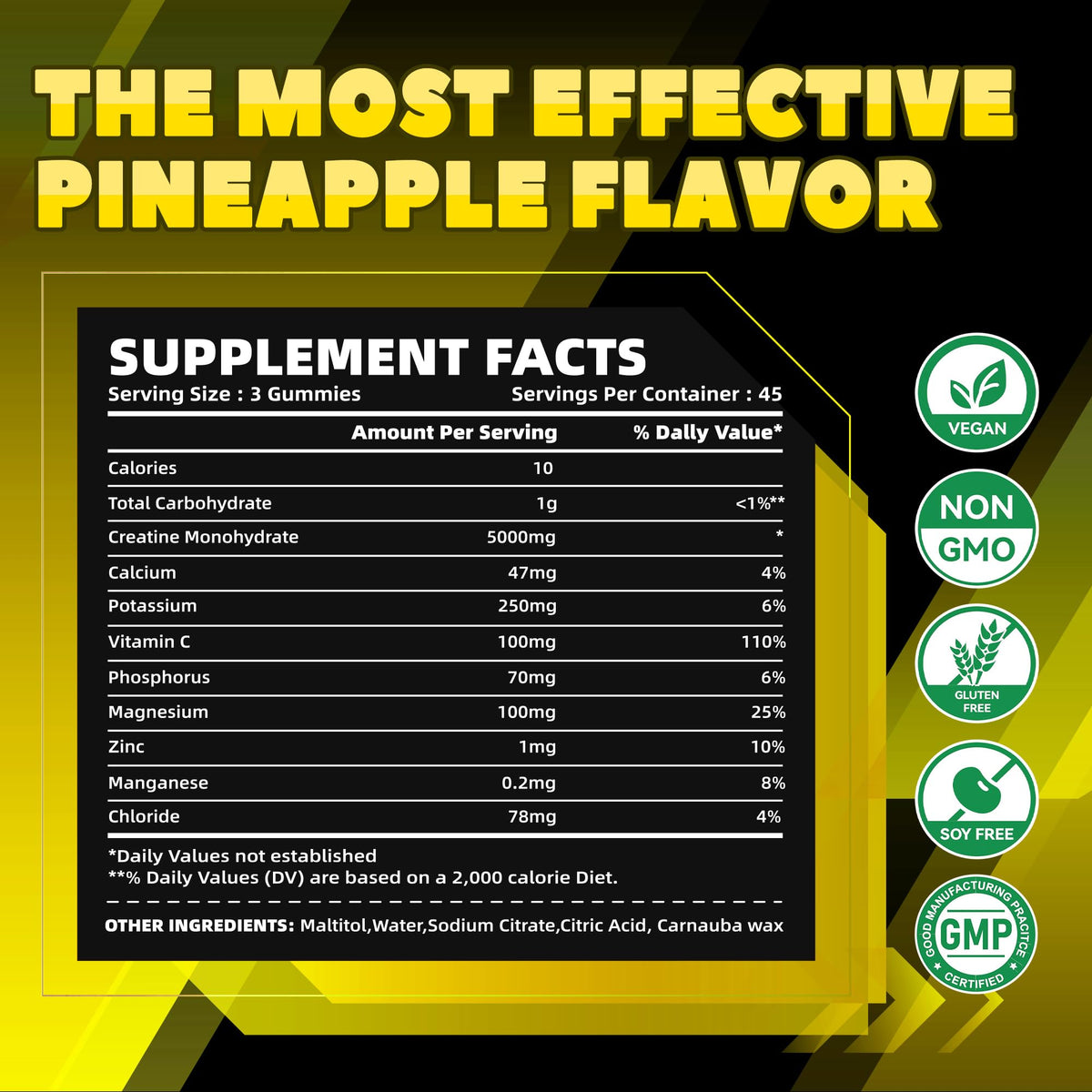 GlucoBio Creatine Monohydrate Gummies (5g) – Pre-Workout Energy & Muscle Growth Support for Men & Women | Pineapple Electrolyte Gummies (135 Count) - FENGGESTORE20