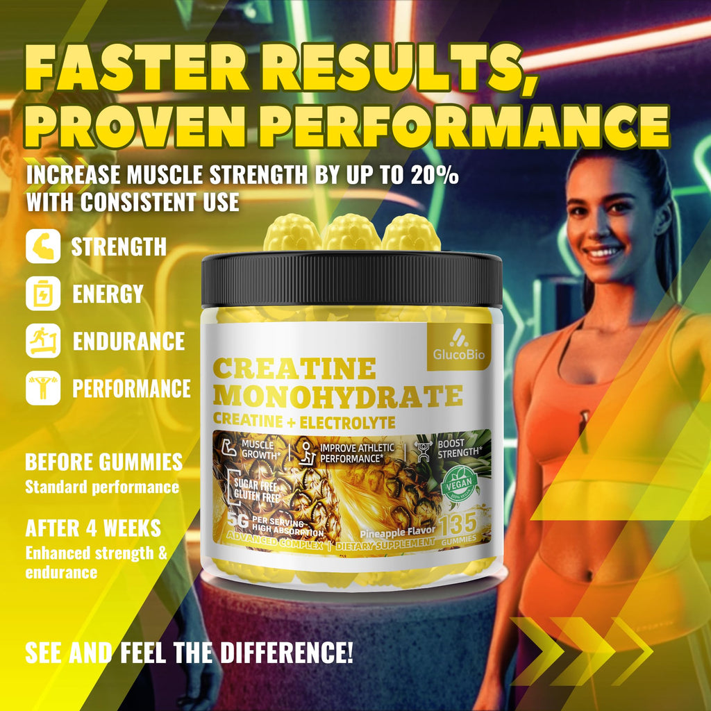 GlucoBio Creatine Monohydrate Gummies (5g) – Pre-Workout Energy & Muscle Growth Support for Men & Women | Pineapple Electrolyte Gummies (135 Count) - FENGGESTORE20