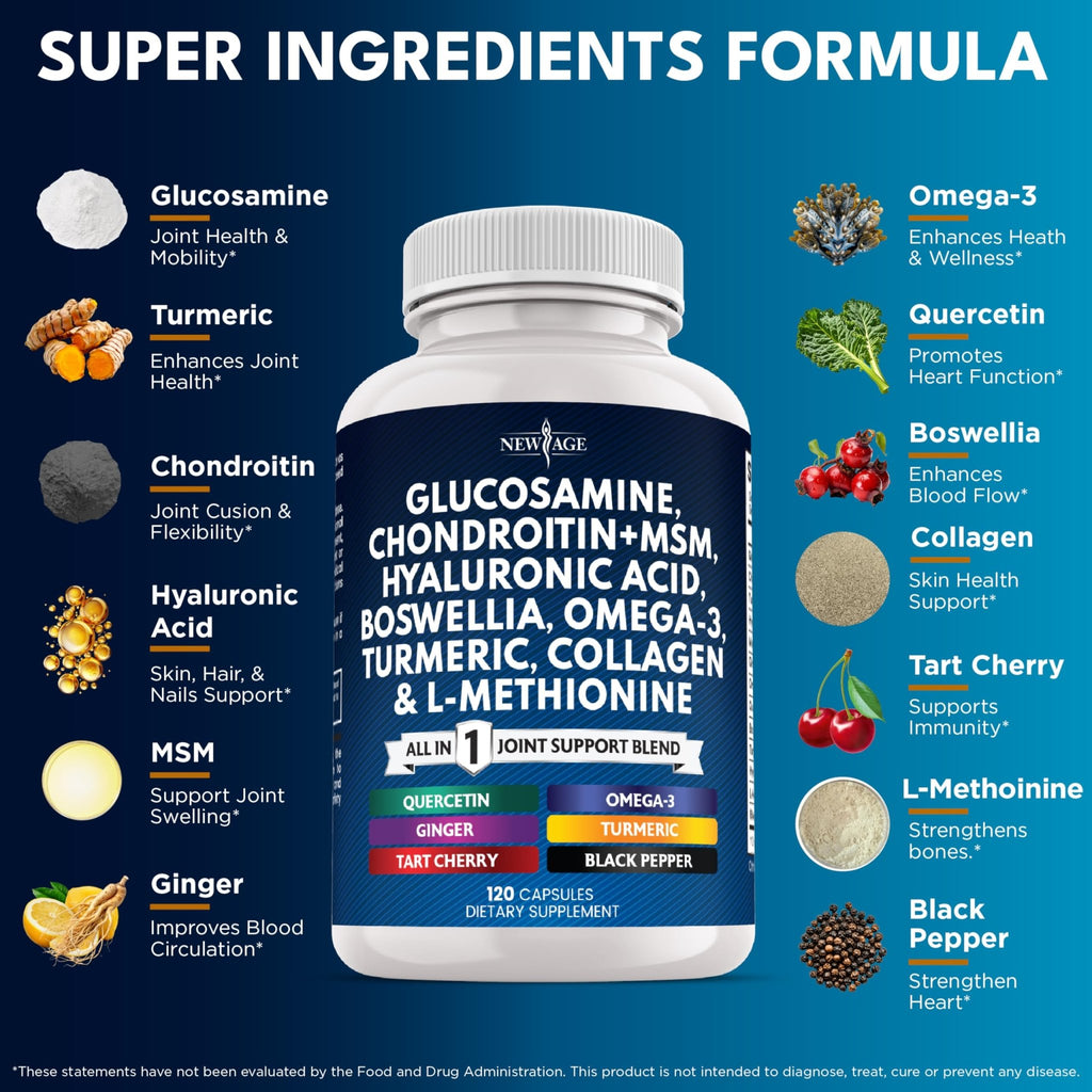 Glucosamine Chondroitin, MSM, Turmeric Curcumin, Collagen, Hyaluronic Acid, Omega 3 – Health Supplement for Men & Women – 240 Count - FENGGESTORE20